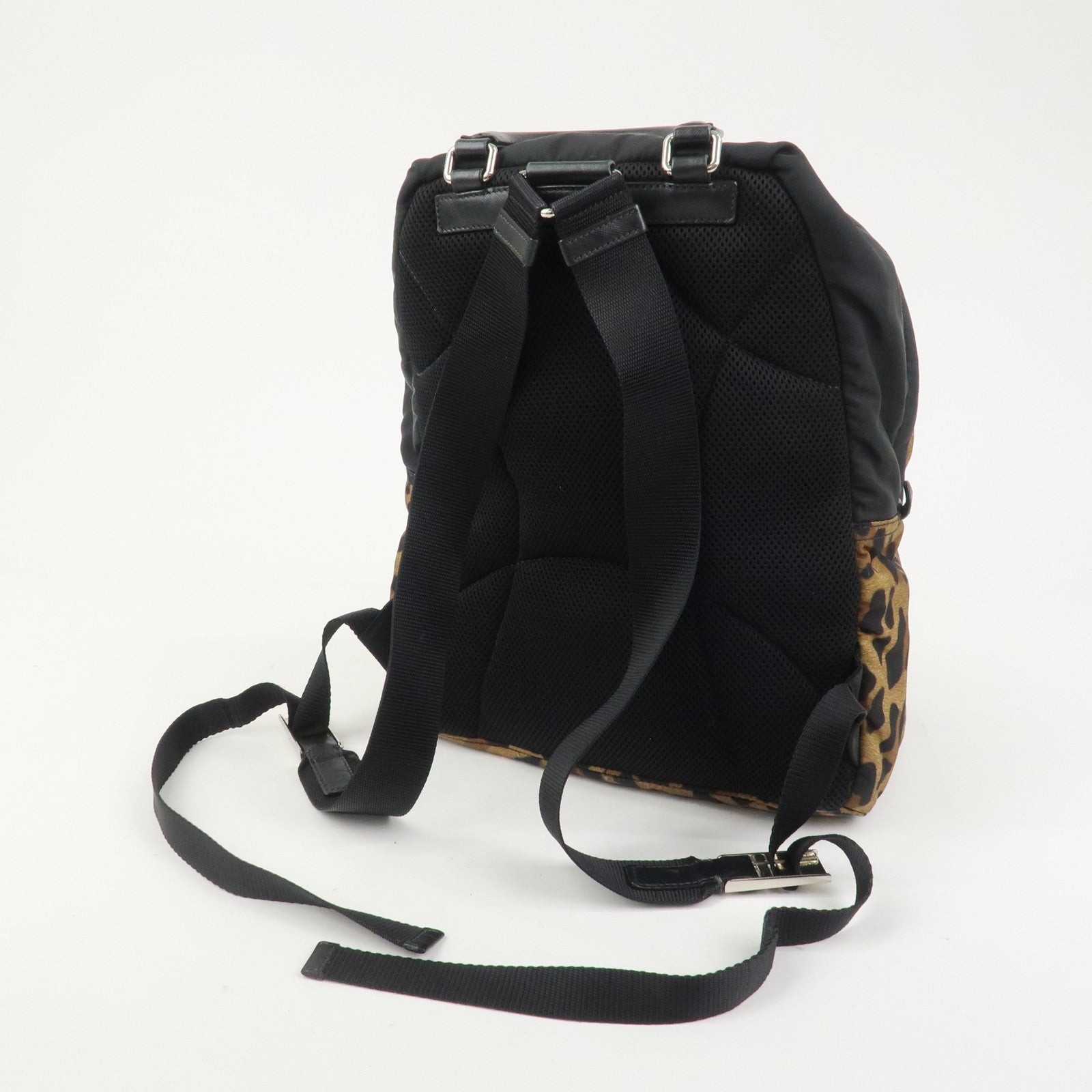 PRADA Nylon Leather Backpack Rucksack Leopard Black 1BZ001
