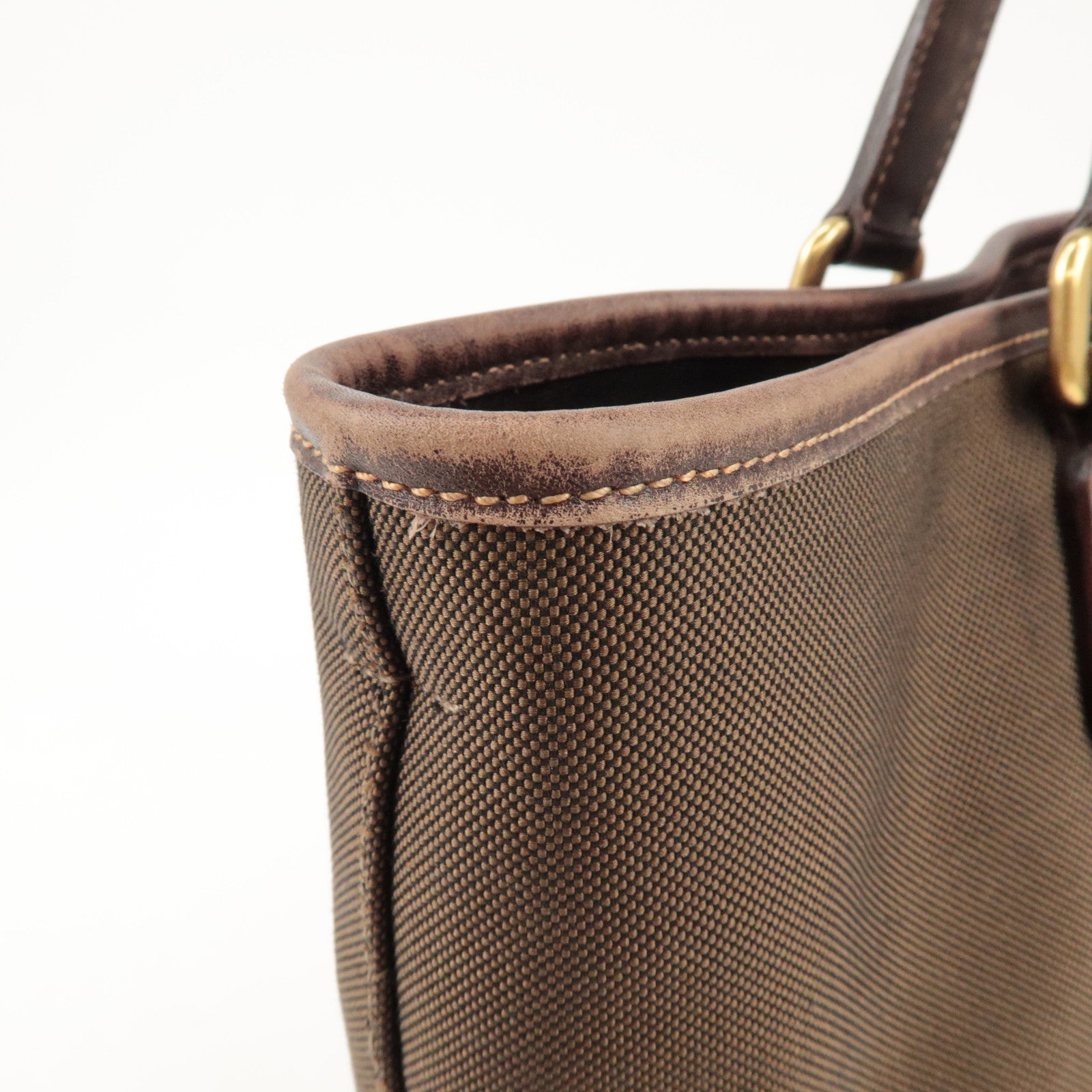 PRADA Triangle Logo Jacquard Leather 2Way Bag Tote Bag Brown Used