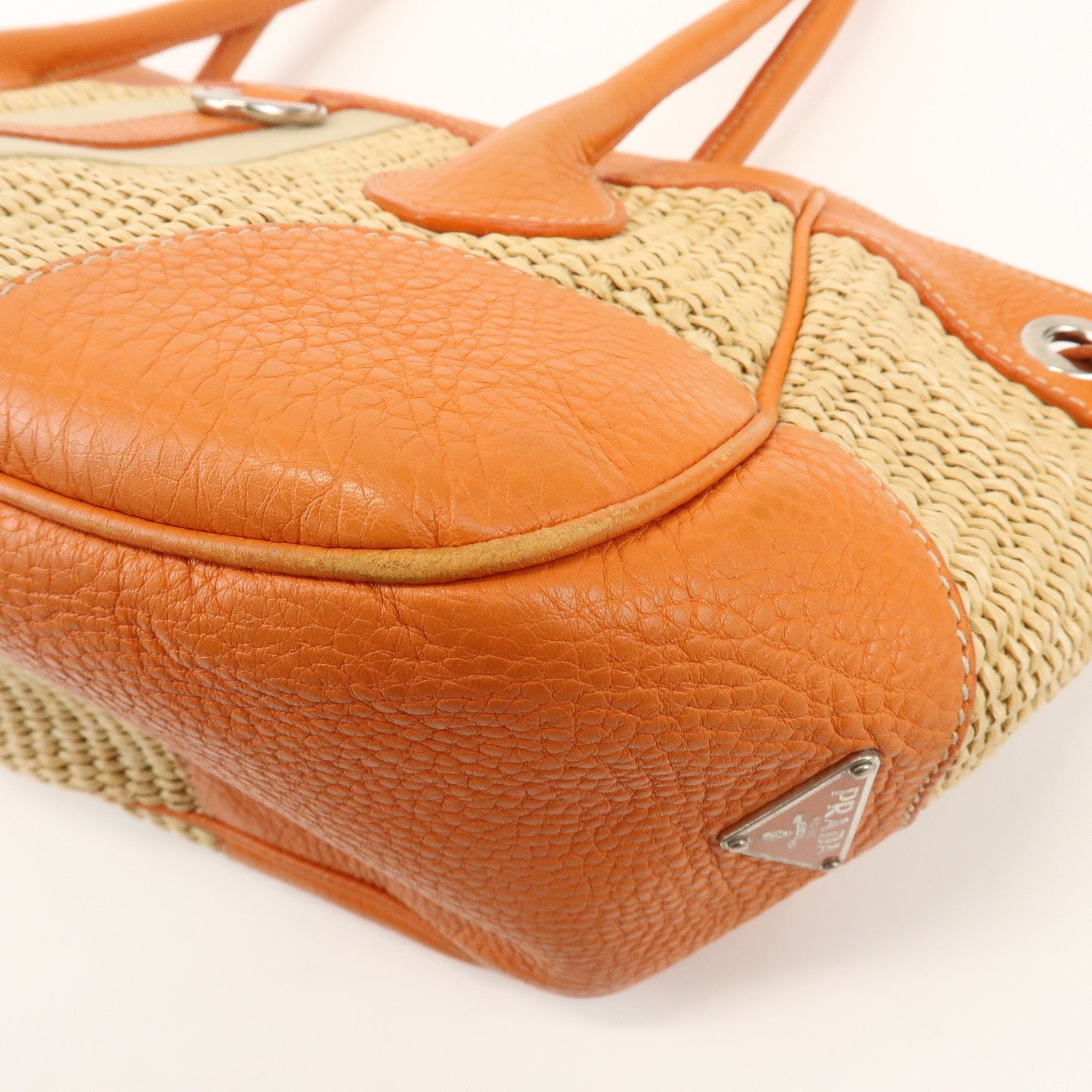 PRADA Triangle Logo Raffia Leather Shoulder Bag Natural Orange