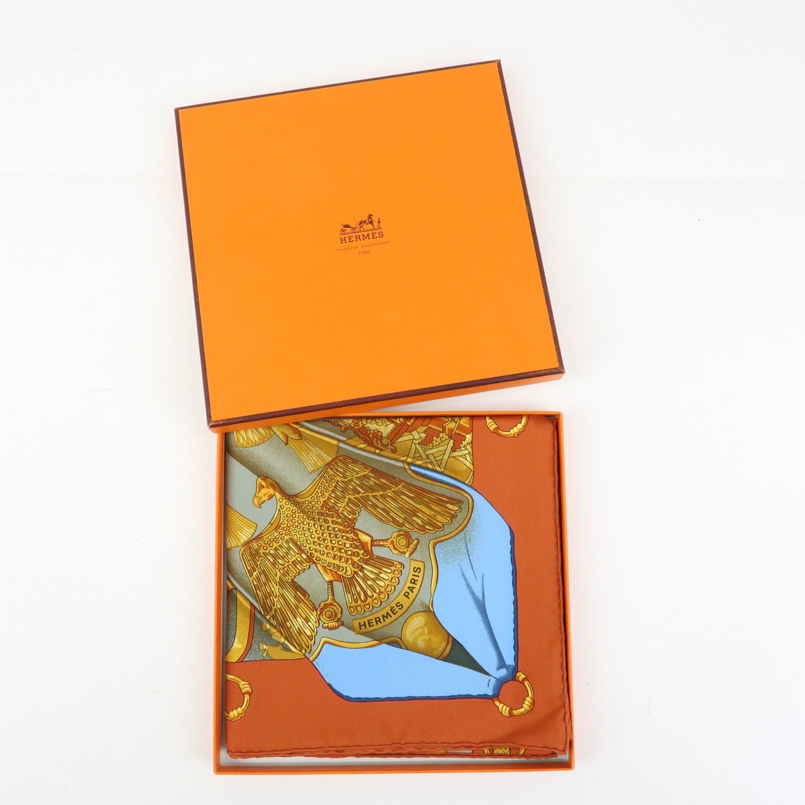 HERMES Carre 90 Silk 100% Soleil de Soie Scarf Gold Brown Blue
