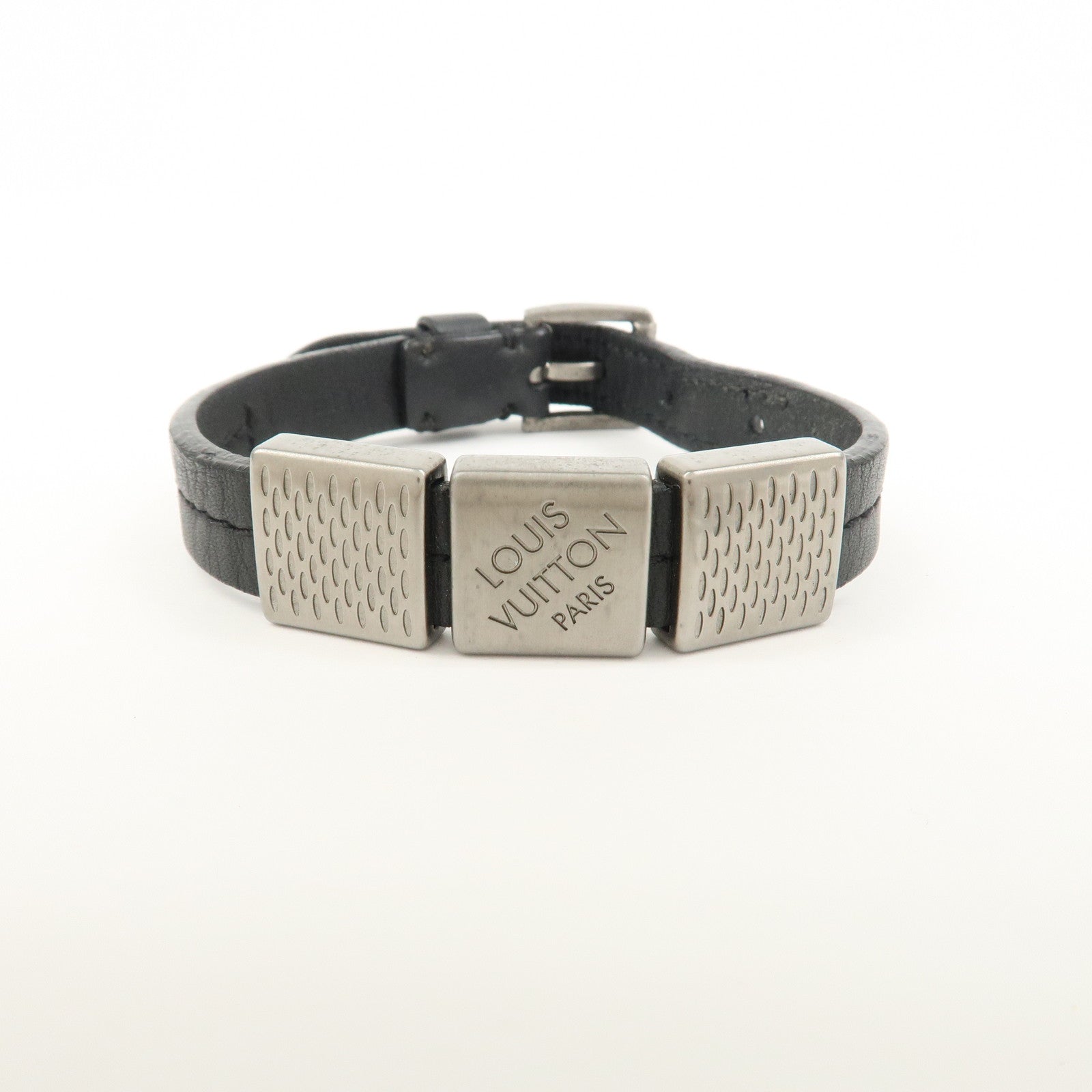 Louis Vuitton Leather Bracelet Black Silver M6205