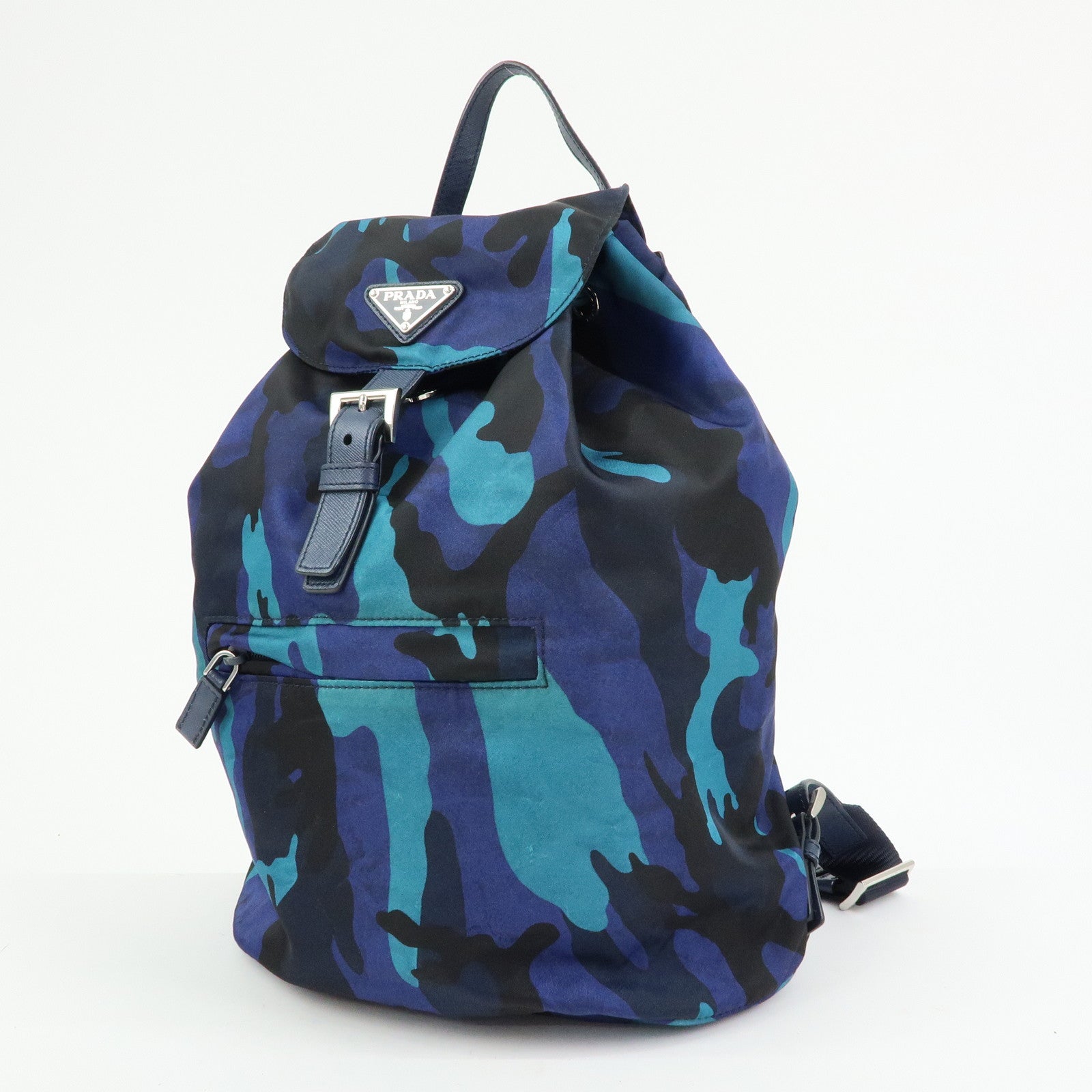 PRADA Triangle Logo Nylon Leather Backpack Camouflage Motif Blue