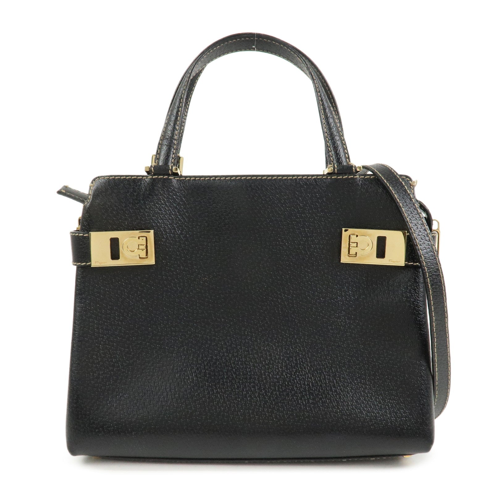 Ferragamo Gancini Leather 2 Way Bag Hand Bag Shoulder Bag Black