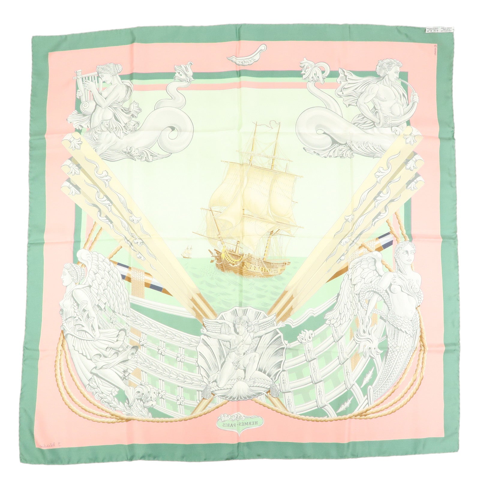 HERMES Carre 90 Silk 100% Scarf Sailing Age Sailing Ship Angel