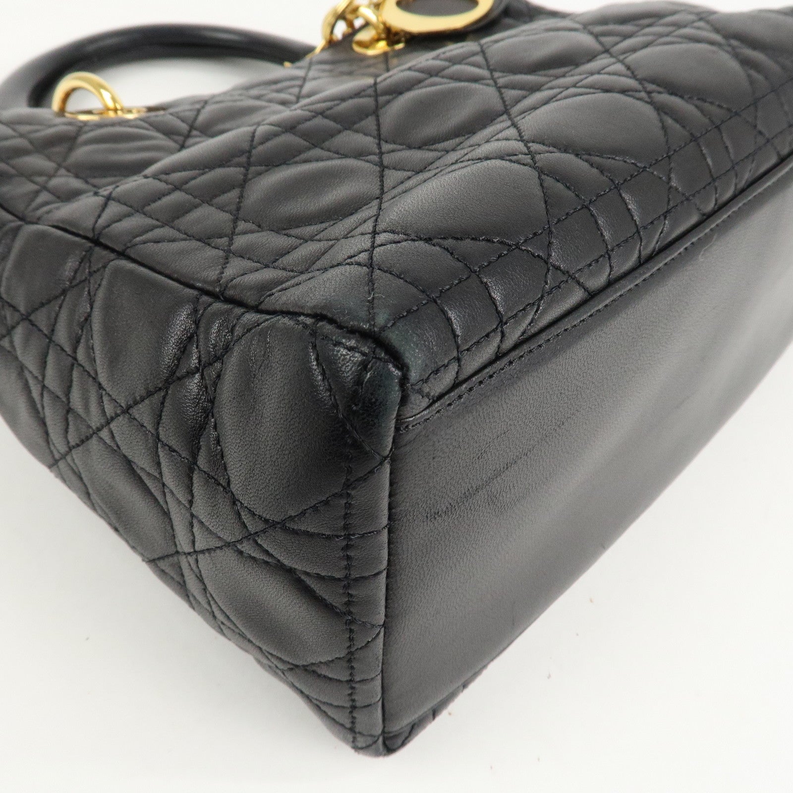 Christian Dior Lady Dior Canage Leather Hand Bag Black Used