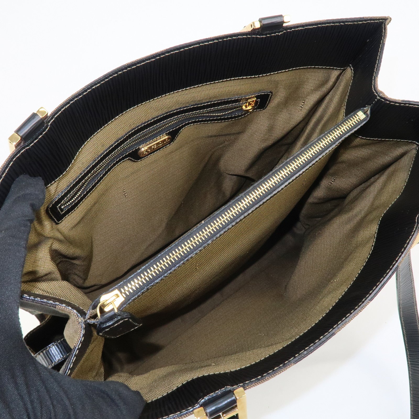 FENDI Pequin Canvas Leather Tote Bag Shoulder Bag Black Brown 26397