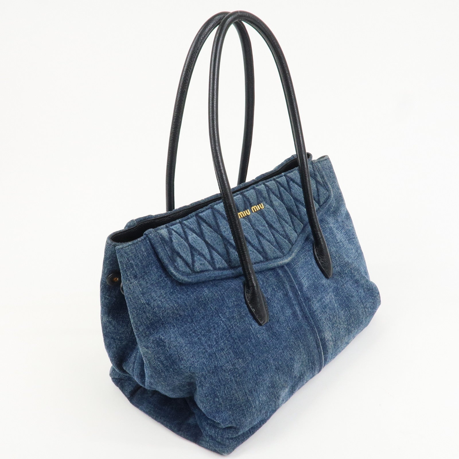 MIU MIU Biker Denim Leather Tote Bag Hand Bag Navy RR1932