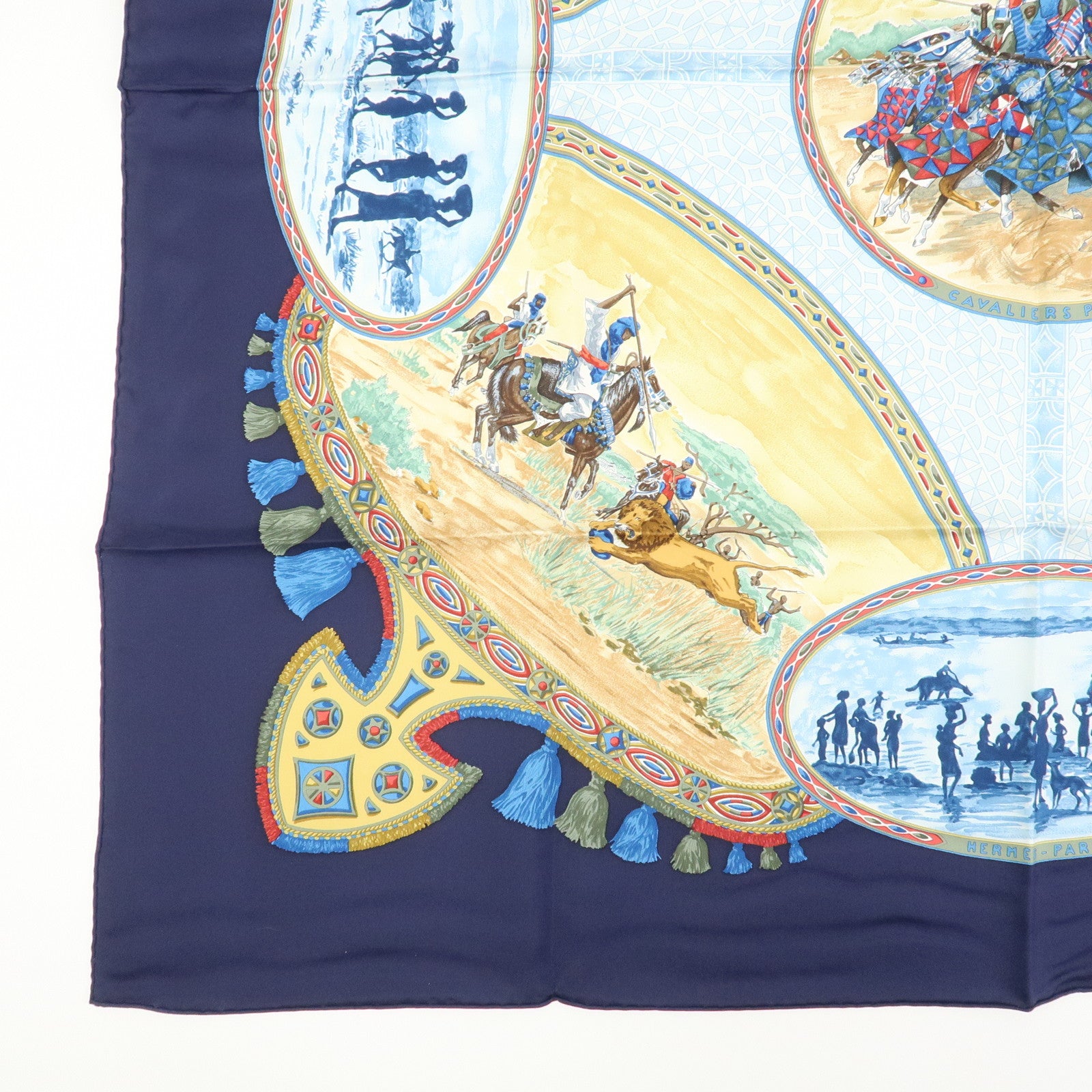 HERMES Carre 90 Silk 100% Scarf CAVALIERS PEULS Blue Yellow