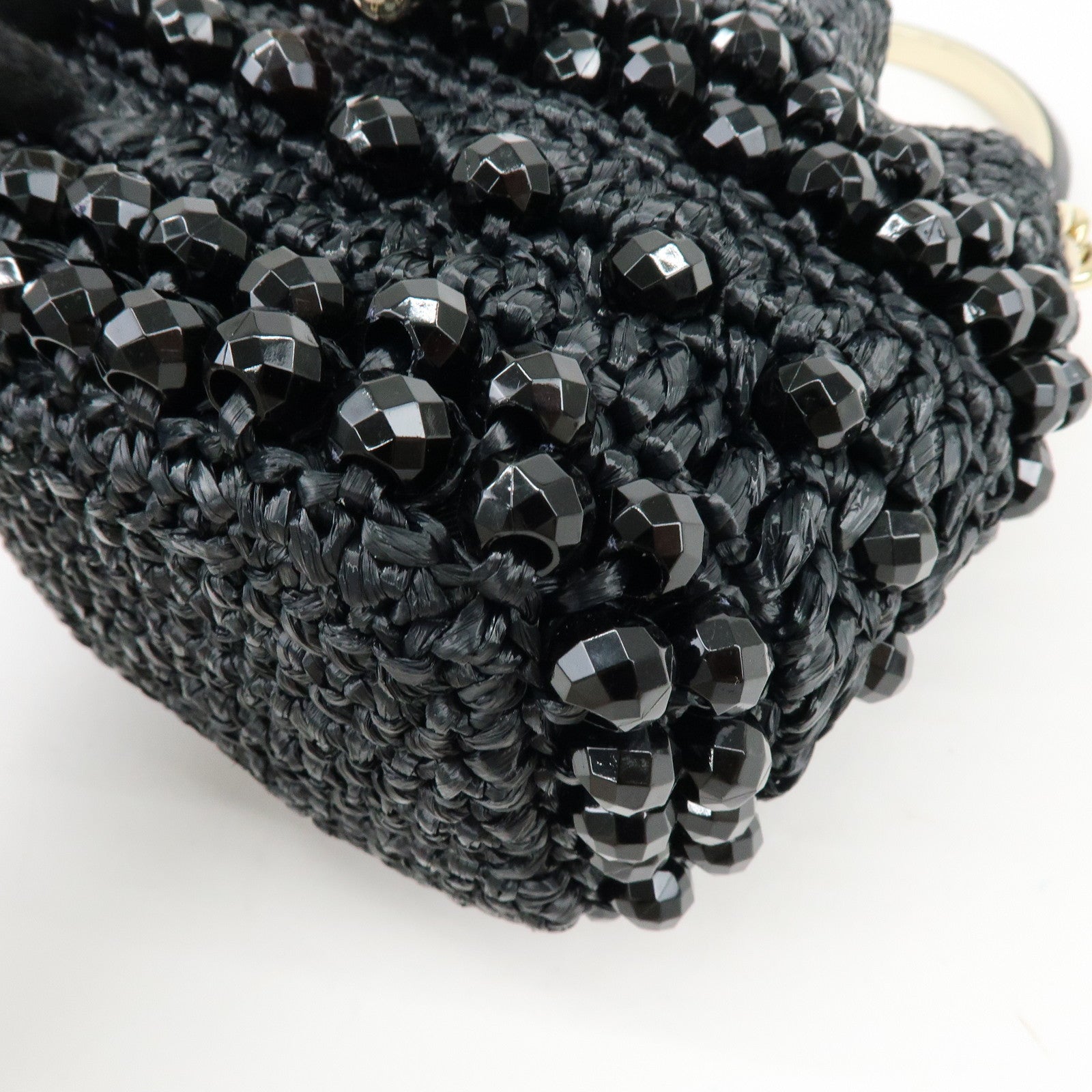 JIMMY CHOO BON BON Raffia Beads Leather 2Way Mini Bag Black