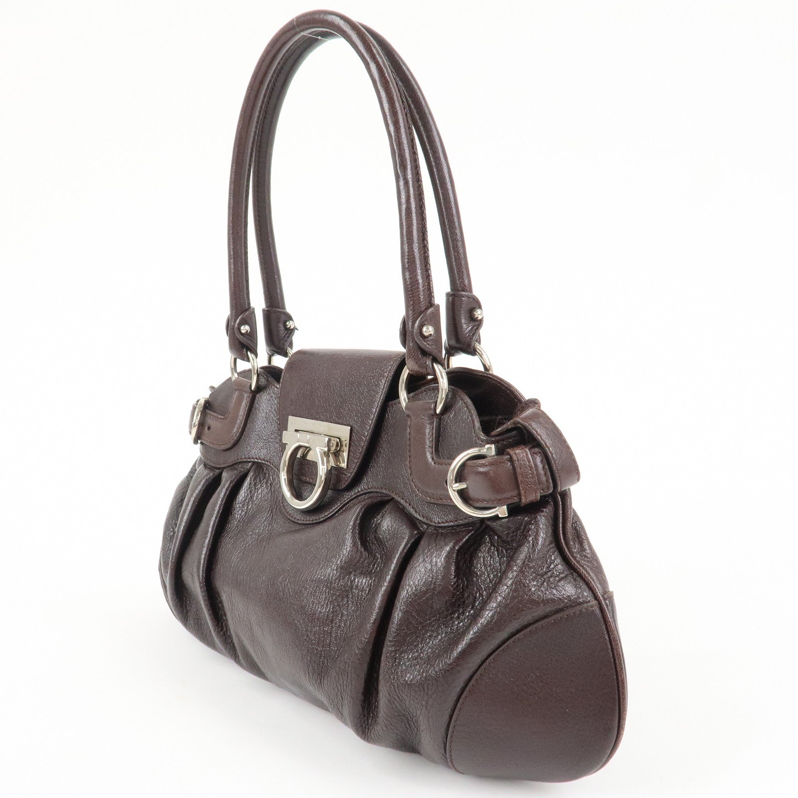 Ferragamo Ganchini Leather Shoulder Bag Hand Bag Dark Brown Used