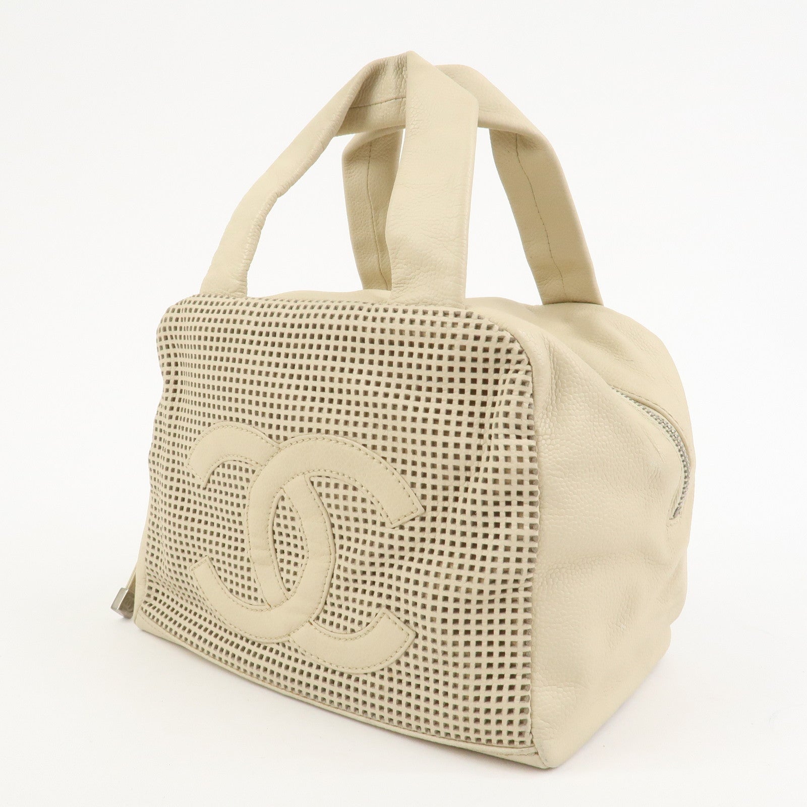 CHANEL Punching COCO Mark Caviarskin Hand Bag Beige