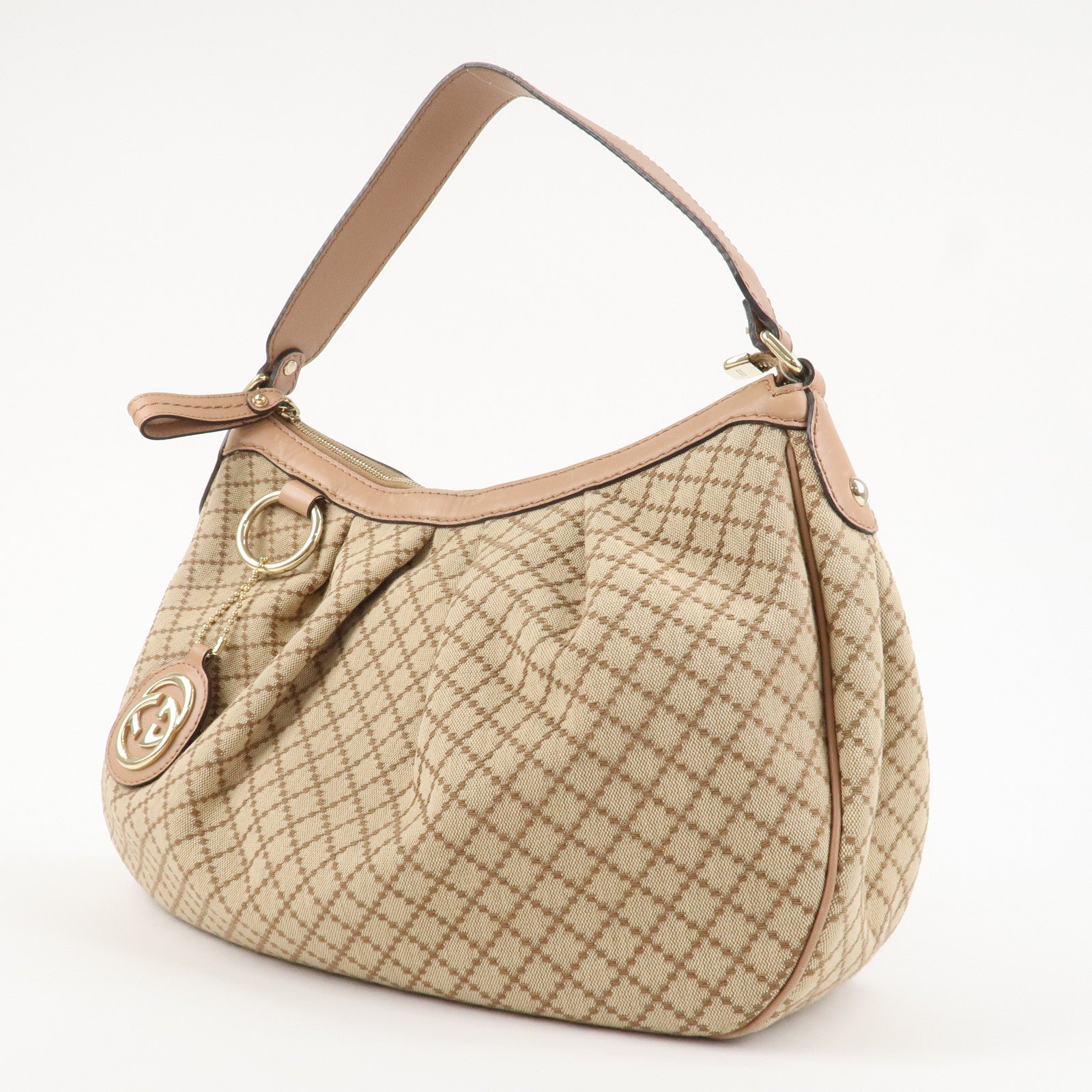 GUCCI Sukey Canvas Leather Shoulder Bag Beige Pink Gold HDW 232955 Used