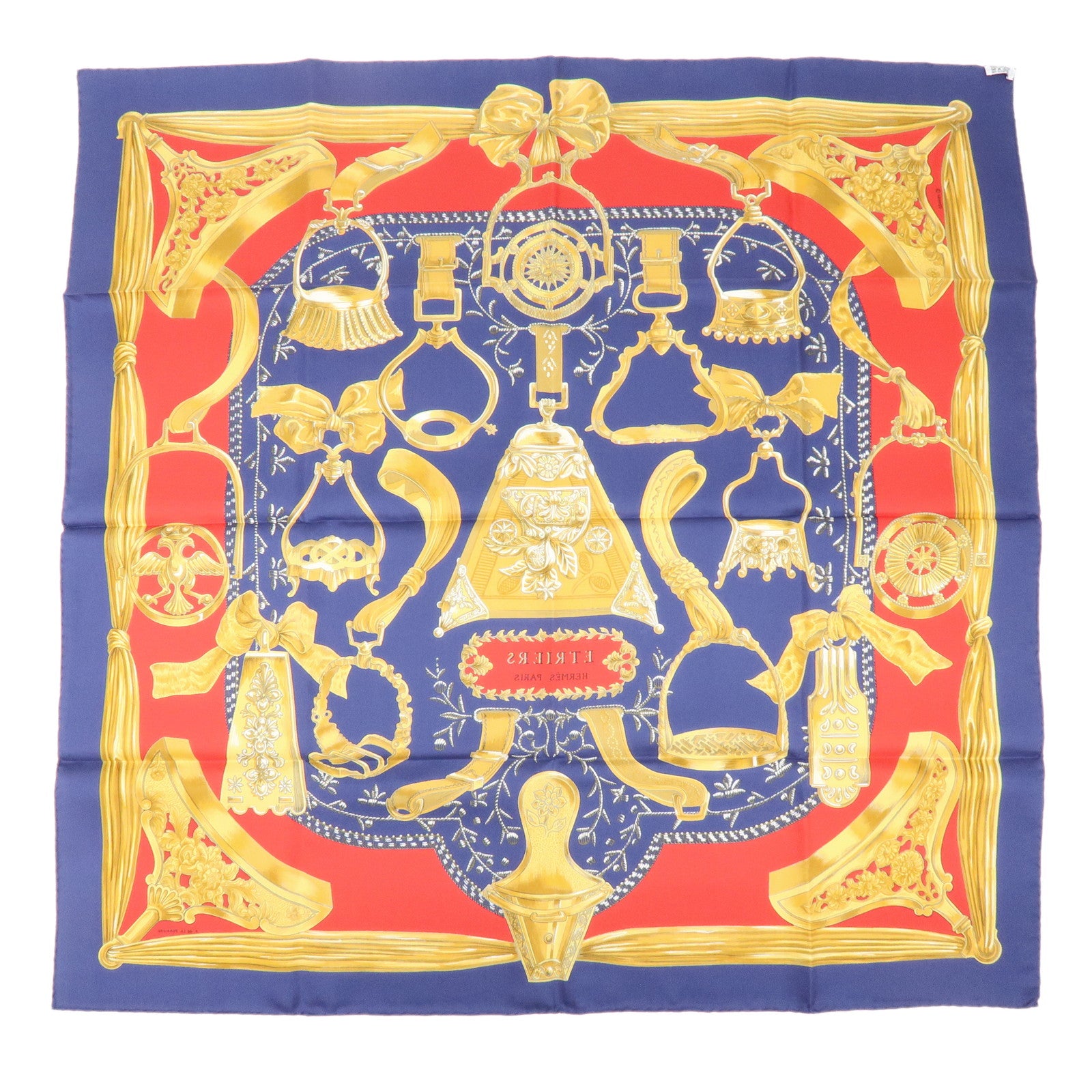 HERMES Carre 90 Silk 100% Scarf ETRIERS Gold Red Navy