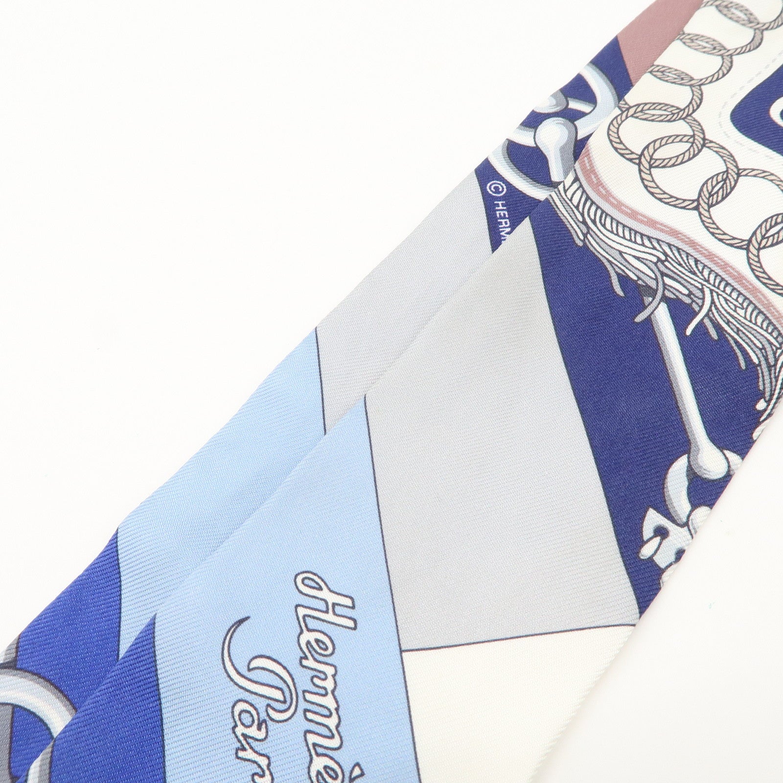 HERMES Silk 100% Twilly Scarf Qliquetis Navy White Blue Gray