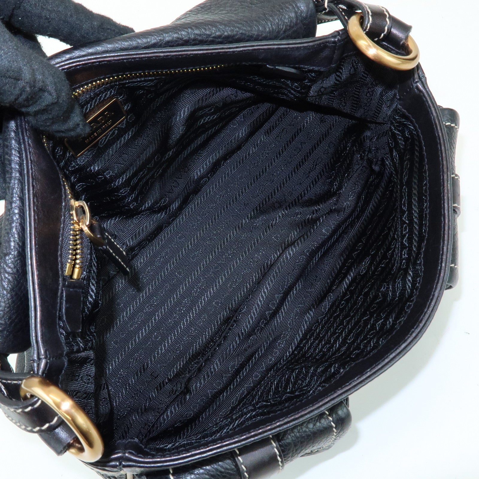 PRADA Logo Leather Stitch Shoulder Bag Hand Bag Black