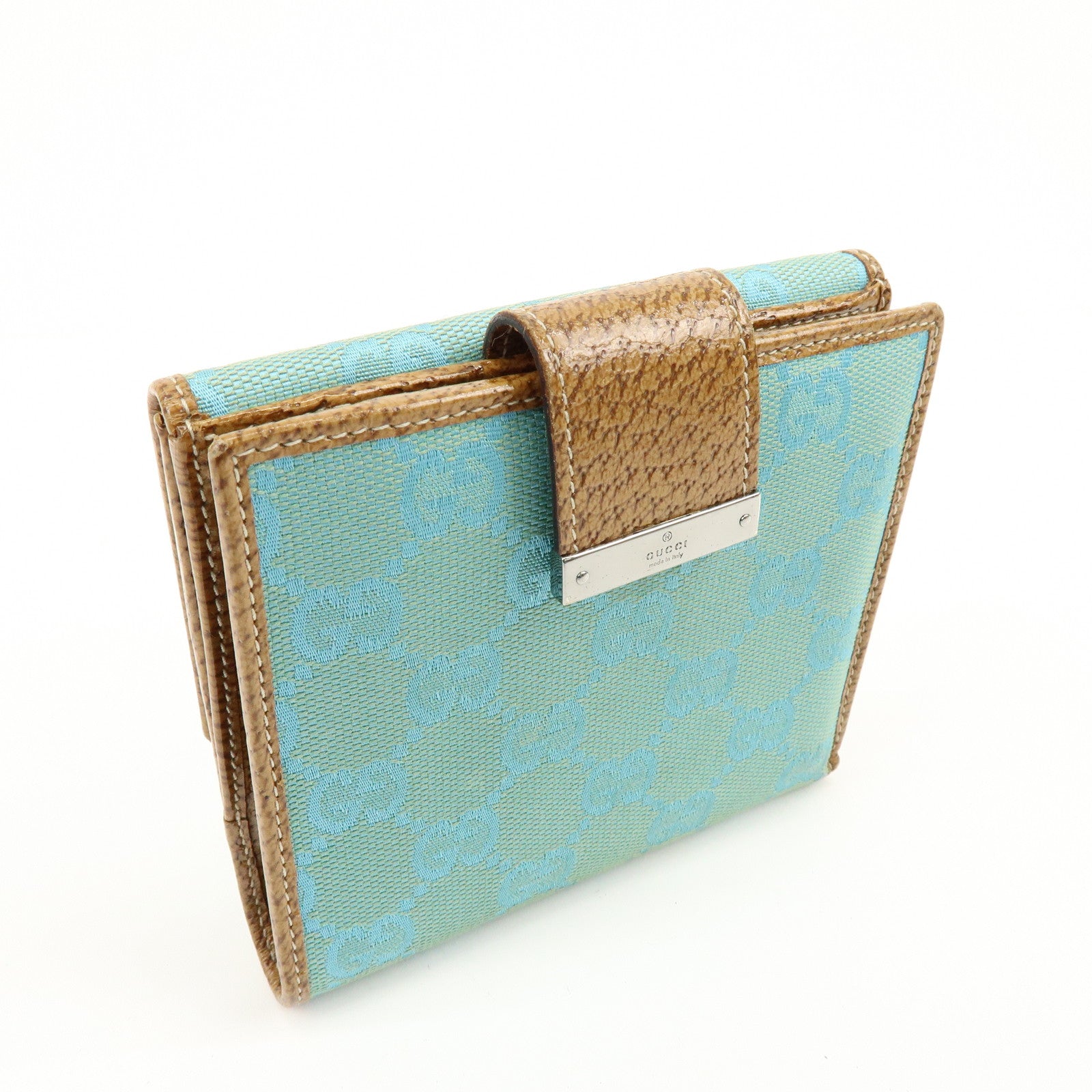 GUCCI GG Canvas Leather Compact Wallet Light Blue Brown 115090