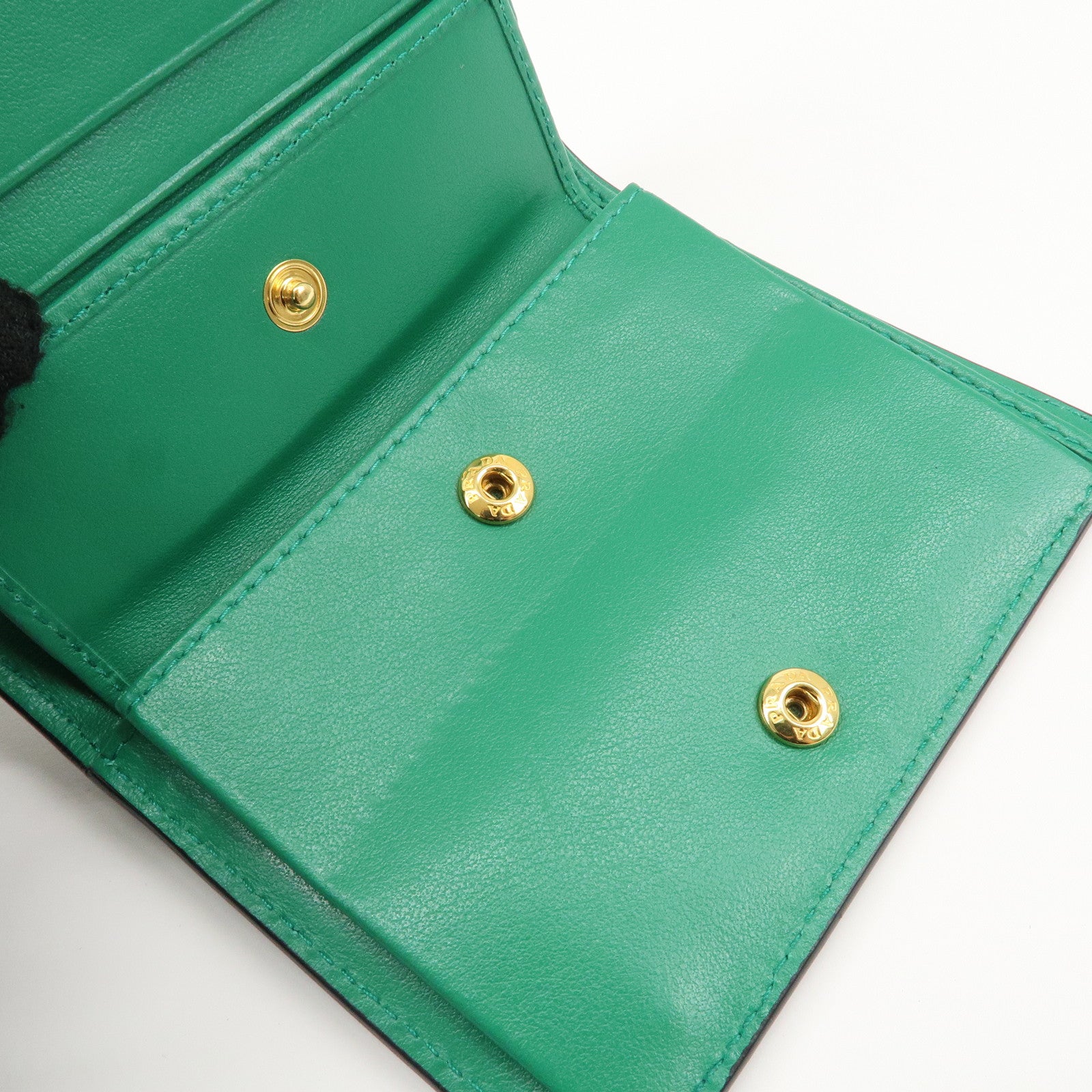 PRADA Leather Compact Wallet Floral Print Green Gold HDW 1MV204 Used