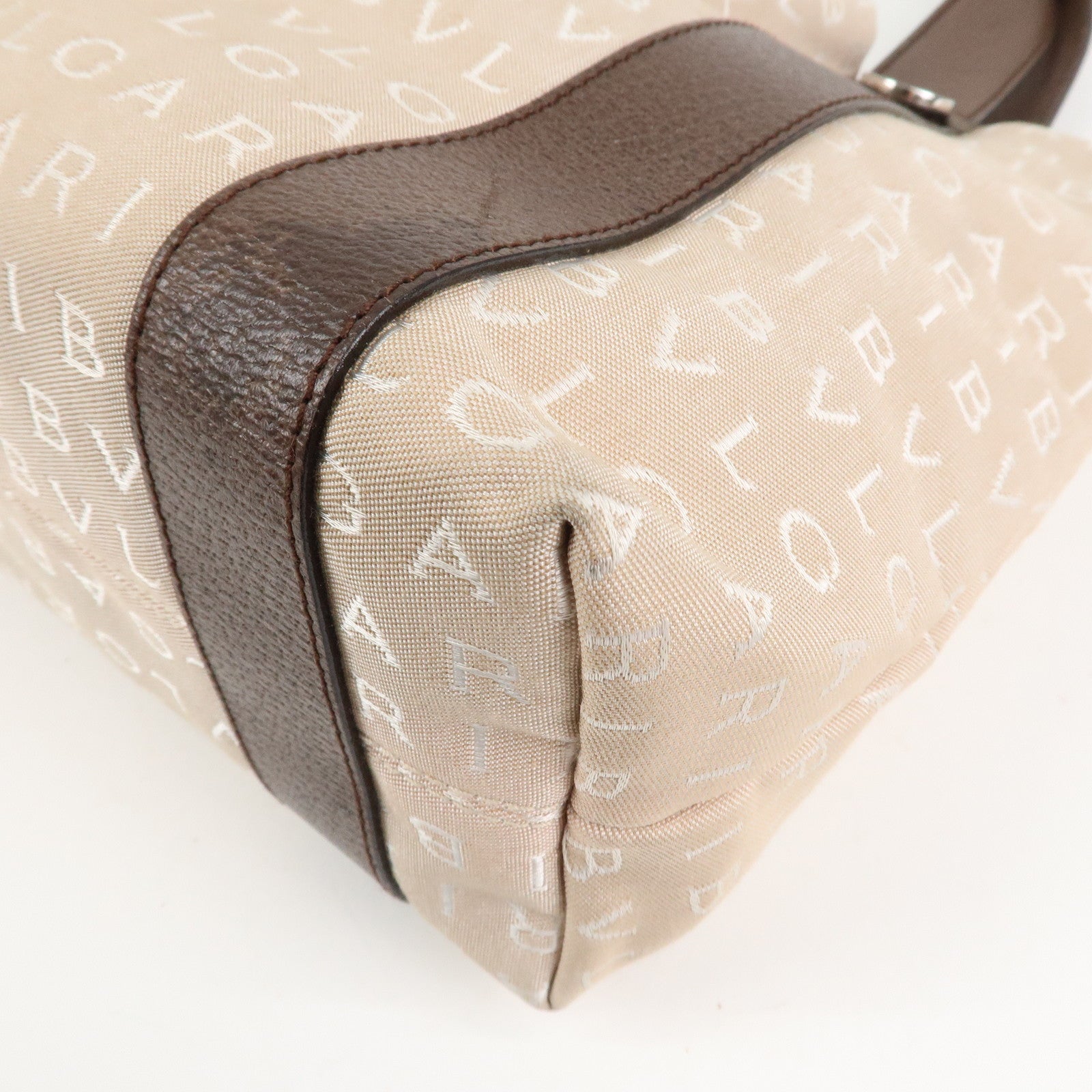 BVLGARI Logo Mania Canvas Leather Tote Bag Beige Dark Brown Silver HDW Used