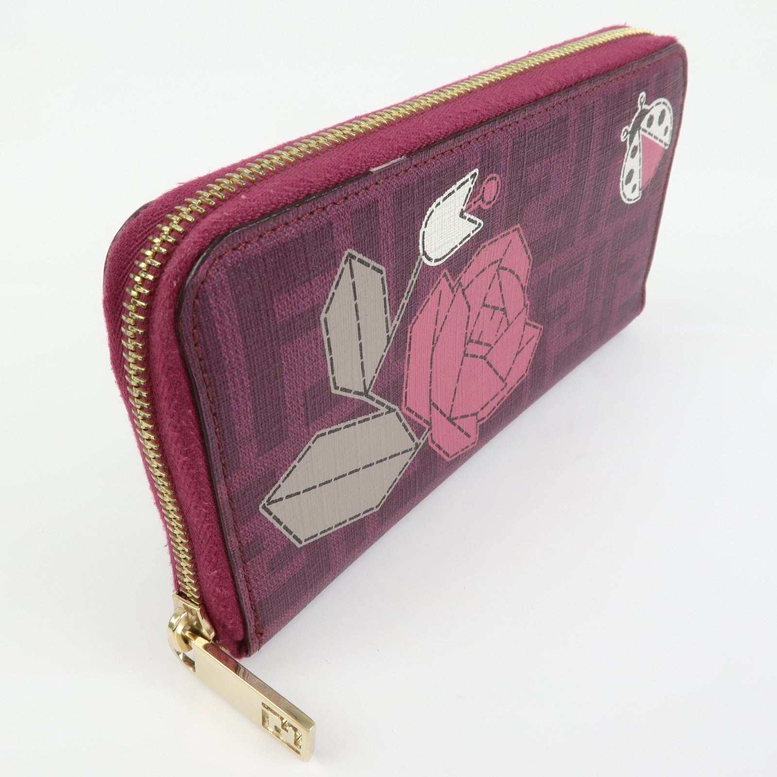 FENDI Zucca PVC Long Wallet Rose Ladybug Motif Purple 8M0024