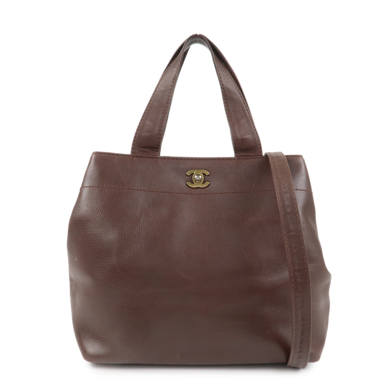 CHANEL Leather 2Way Bag Shoulder Bag Hand Bag Brown Gold