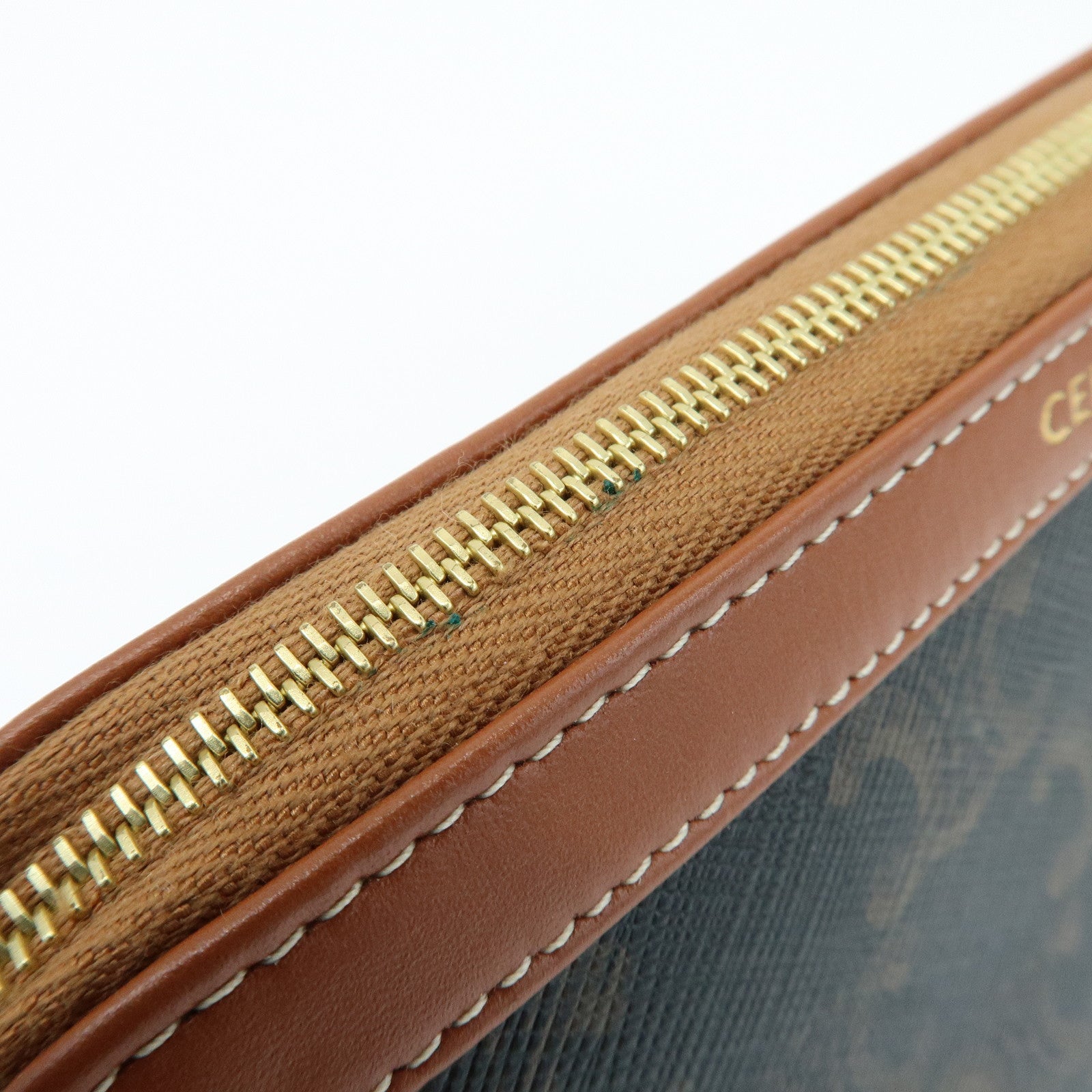 CELINE Triomphe PVC Calf Leather Cosmetic Pouch Accessory Pouch Tan