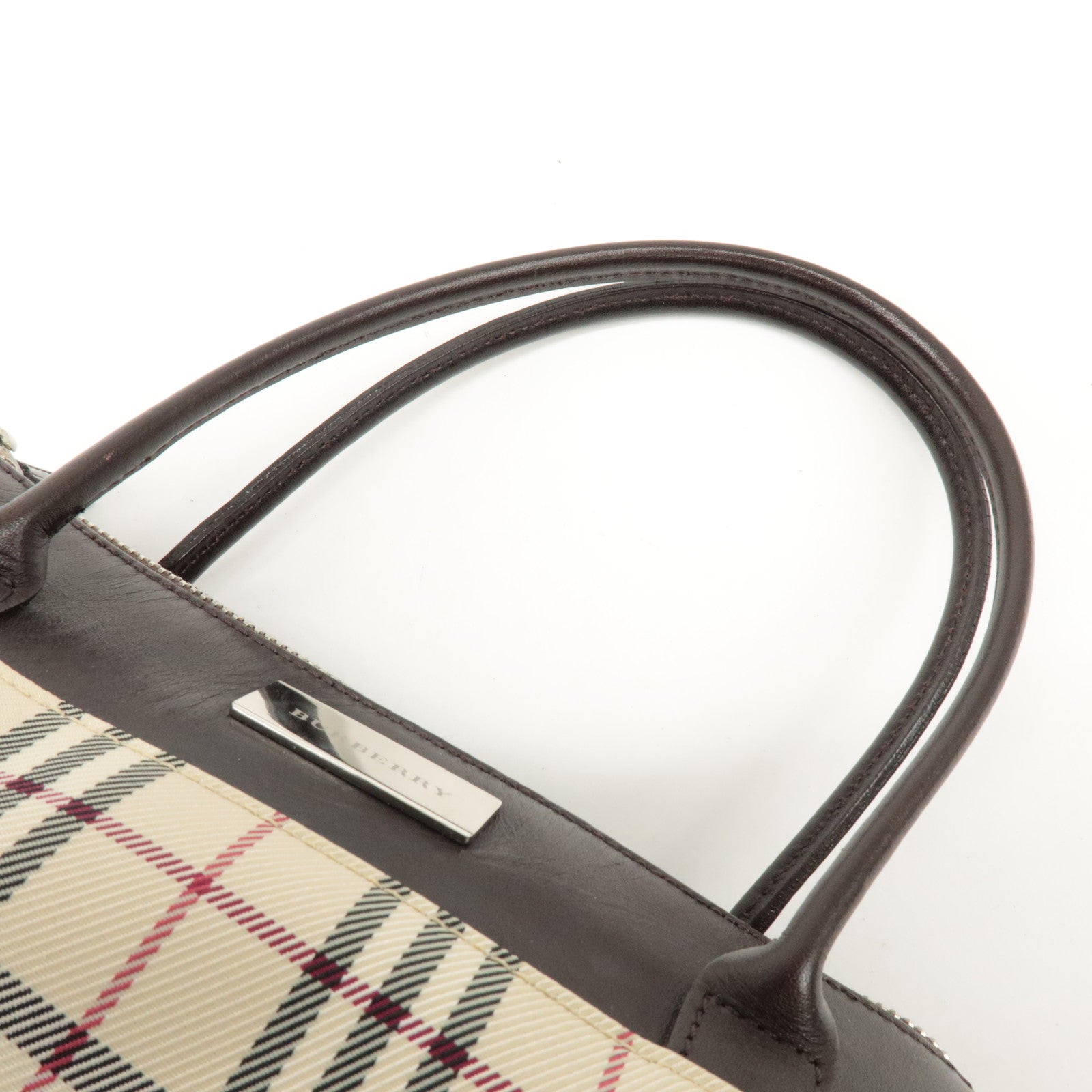 BURBERRY Leather Canvas Hand Bag Nova Plaid Beige Brown Used