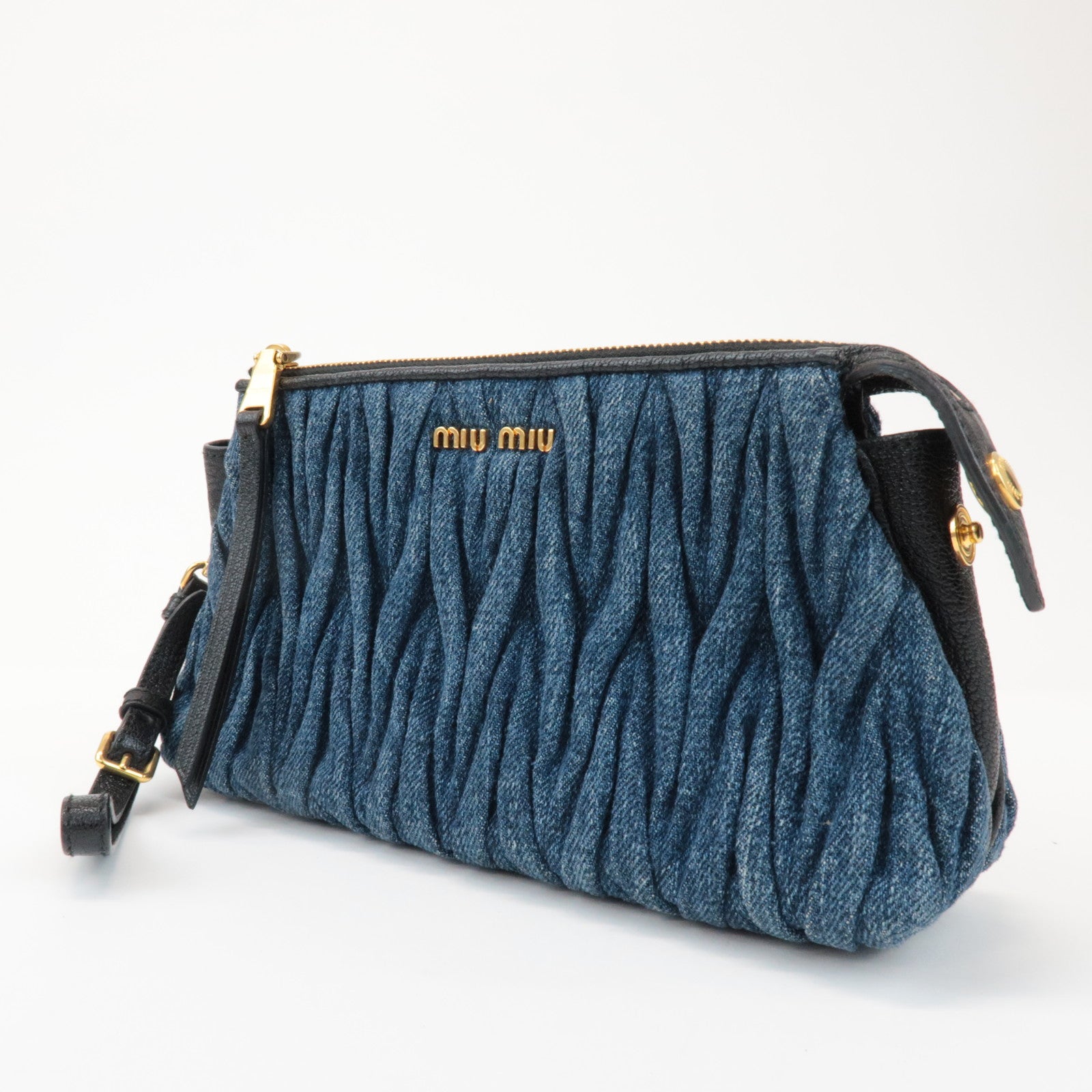 MIU MIU Matelasse Denim Leather Clutch Bag Wrist Bag Blue 5NE001
