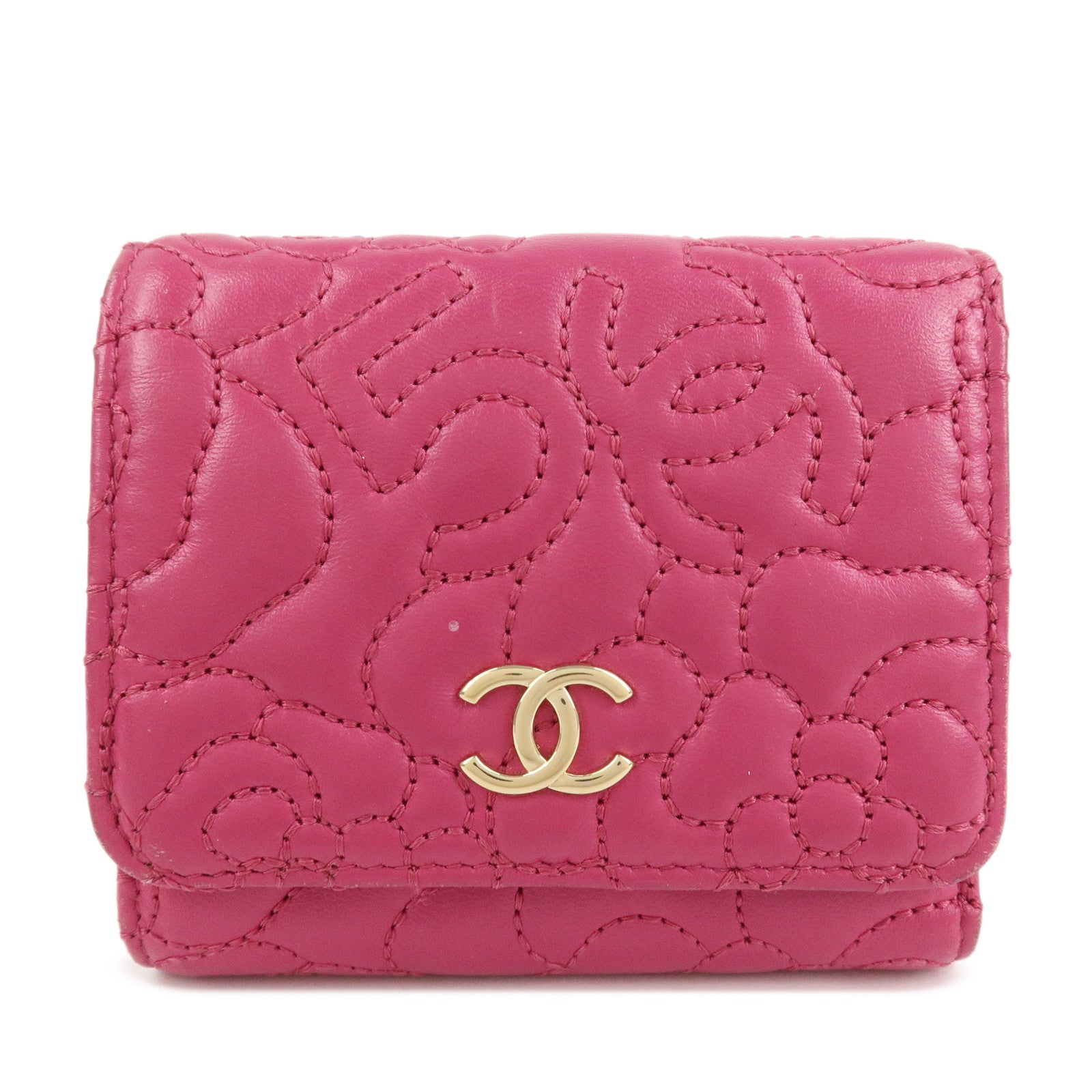 CHANEL Camellia No.5 Lamb Skin Leather Compact Wallet Pink A70615