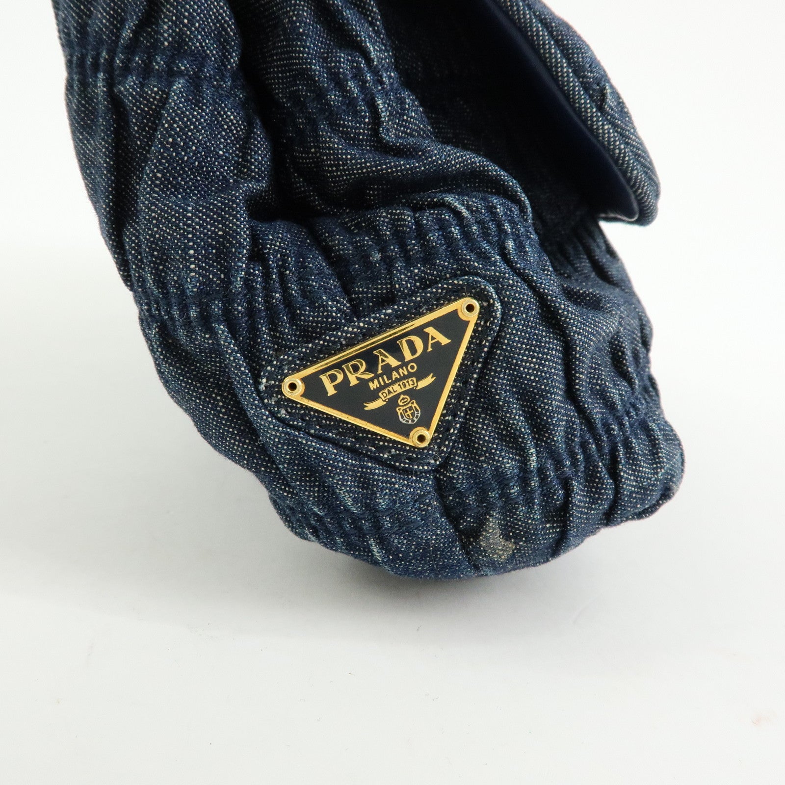 PRADA Triangle Logo Denim Clutch Bag Pouch Blue Brown