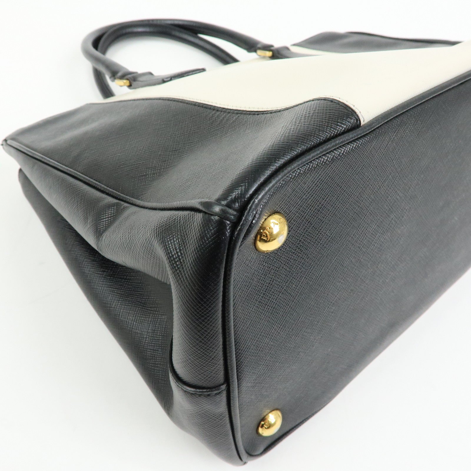 PRADA Triangle Logo Saffiano Leather Hand Bag Tote Bag Ivory Black