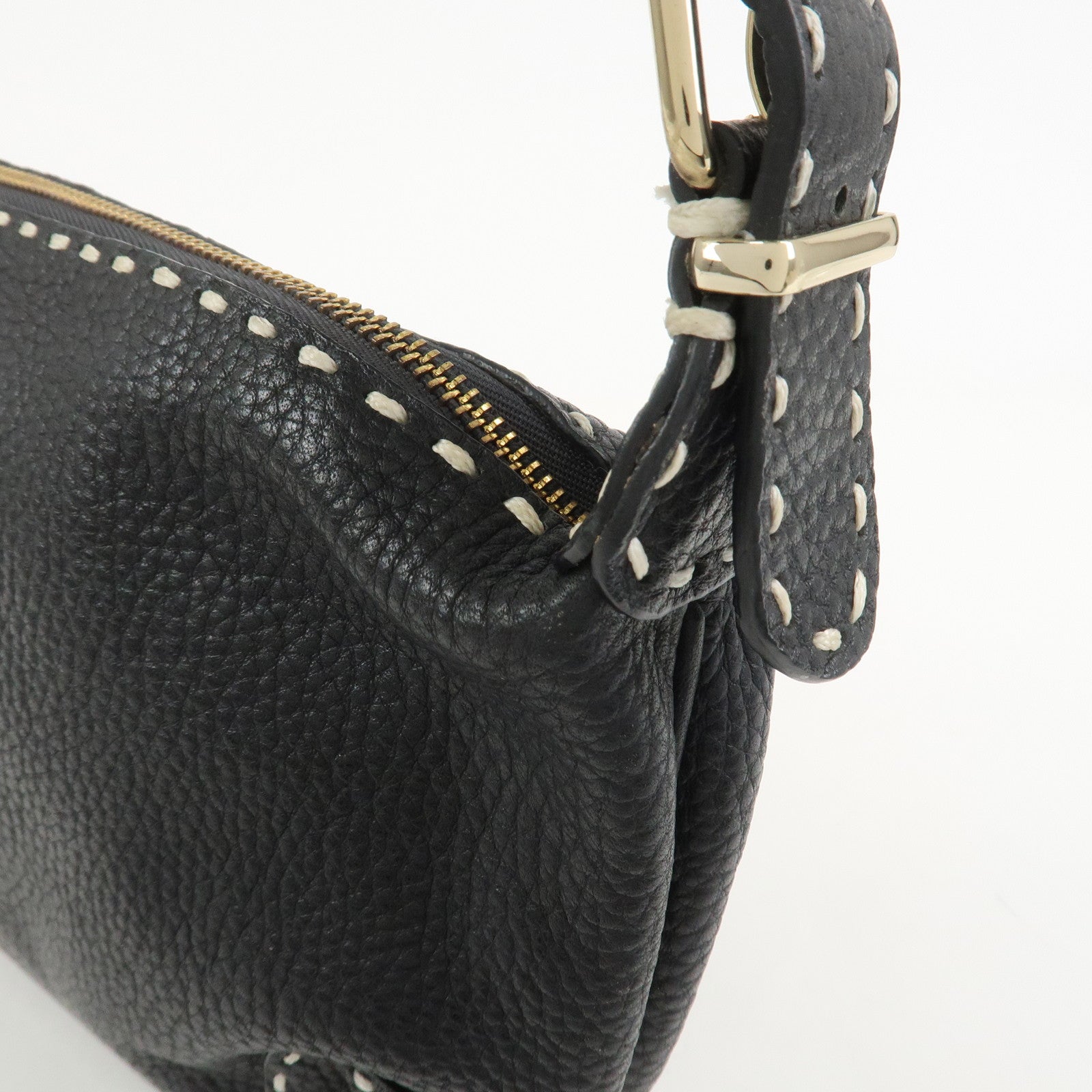FENDI Selleria Logo Leather Shoulder Bag Hand Bag Black