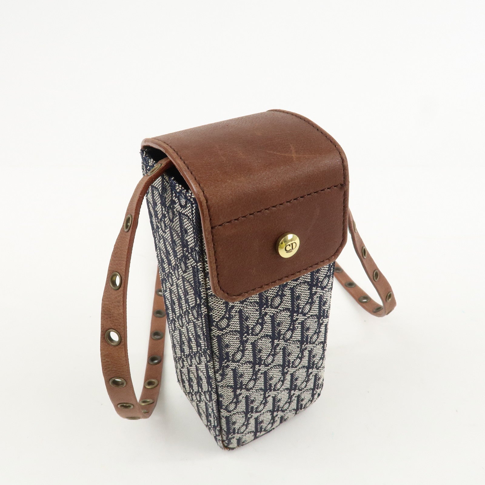 Christian Dior Trotter Canvas Leather Shoulder Bag Navy Brown Used