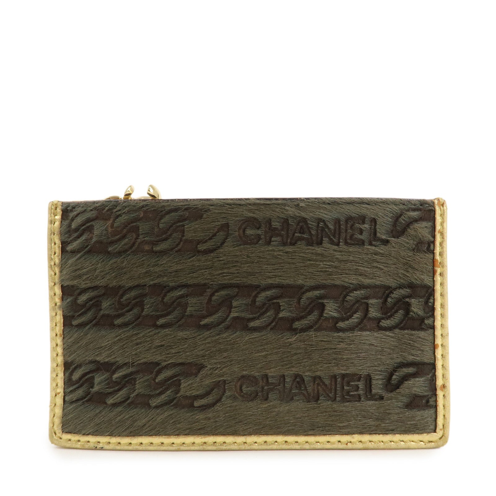 CHANEL Leather Unborn Calf Coin Case Gold Khaki Used