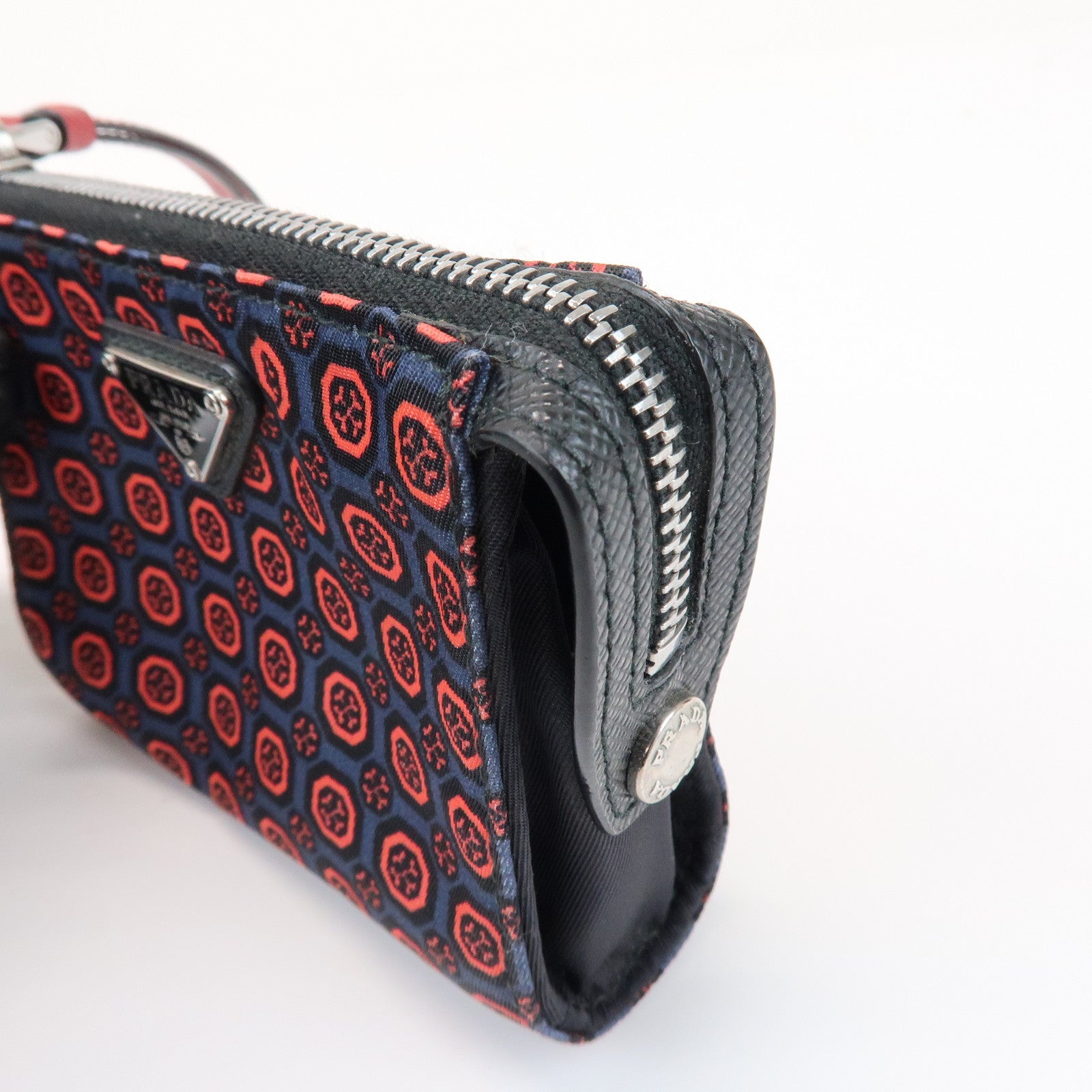 PRADA Triangle Logo Mini Pouch Key Ring Coin Case Navy Red 2TT072