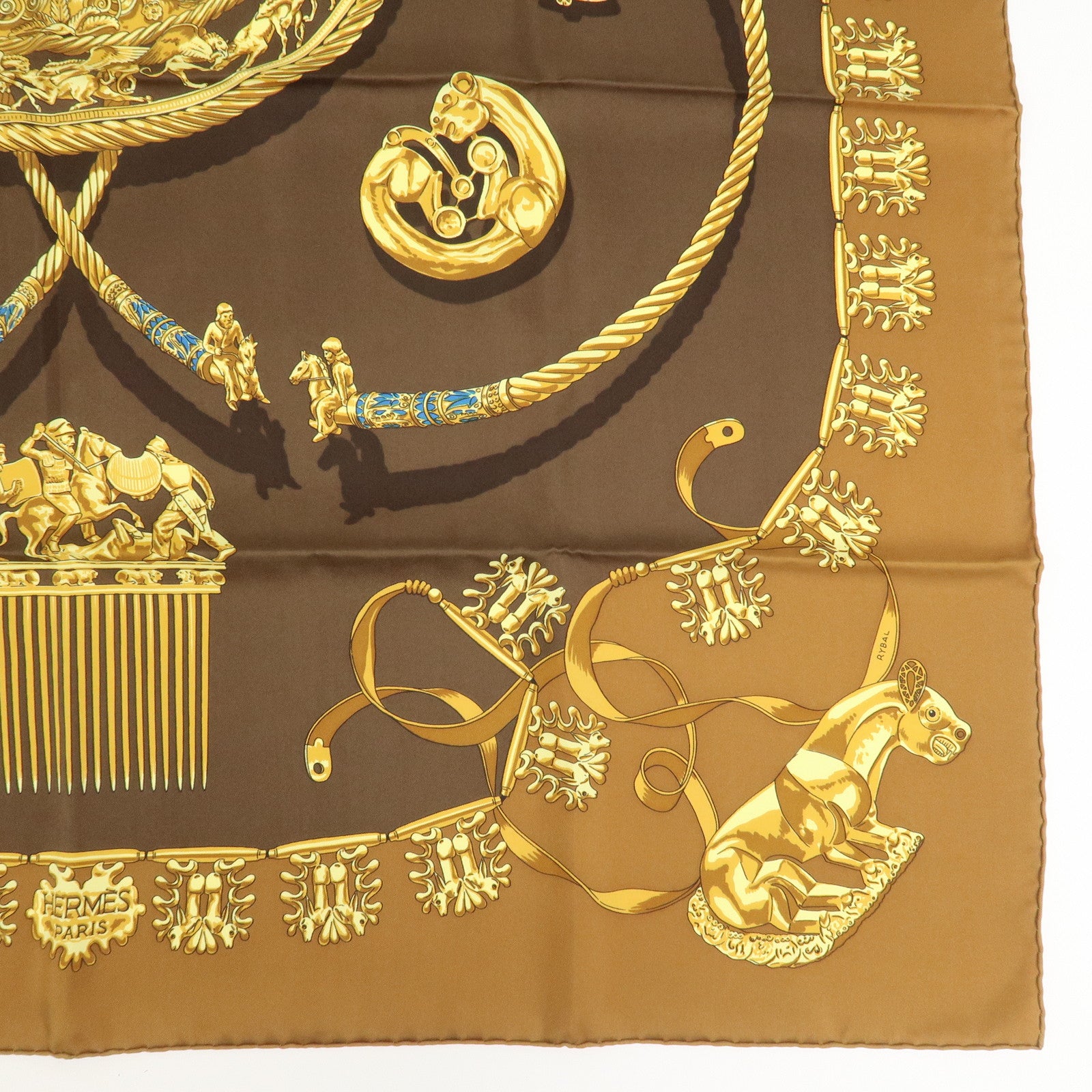 HERMES Carre 90 Silk 100% Scarf LES CAVALIERS D'OR Brown Gold
