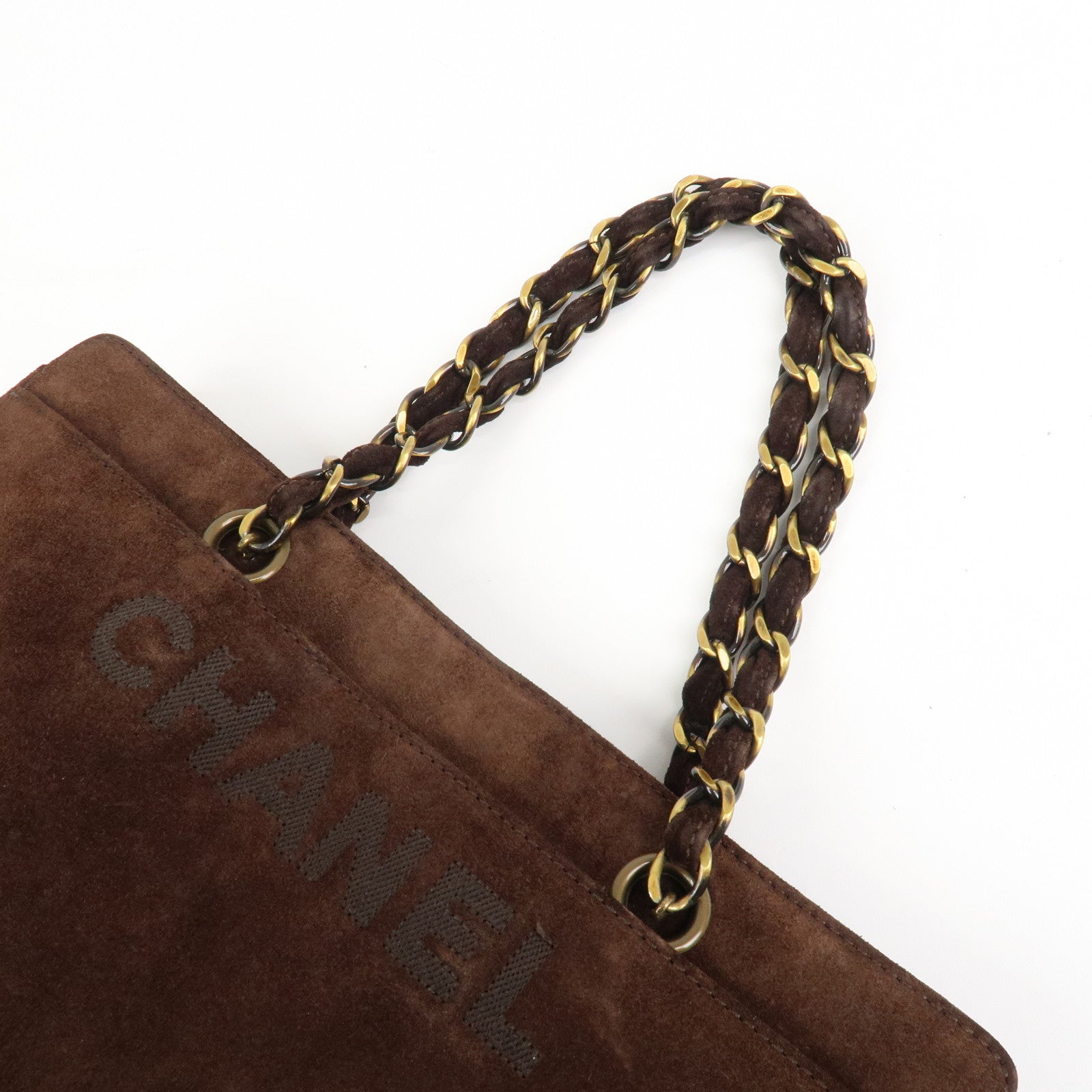 CHANEL Logo Suede Chain Tote Bag Shoulder Bag Brown
