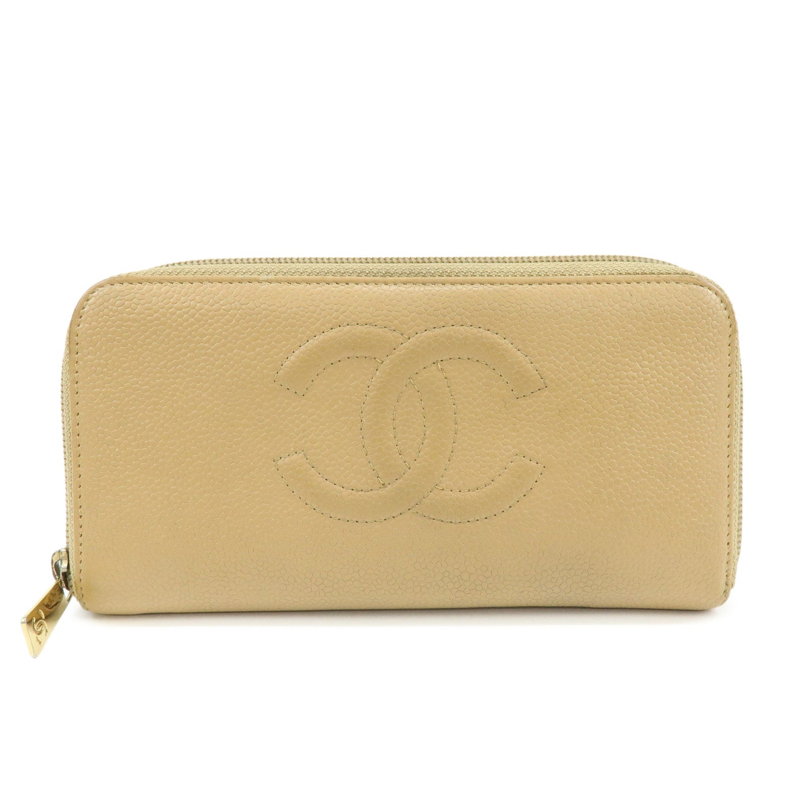 CHANEL Caviarskin Round Zippy Wallet Long Wallet Beige A13228