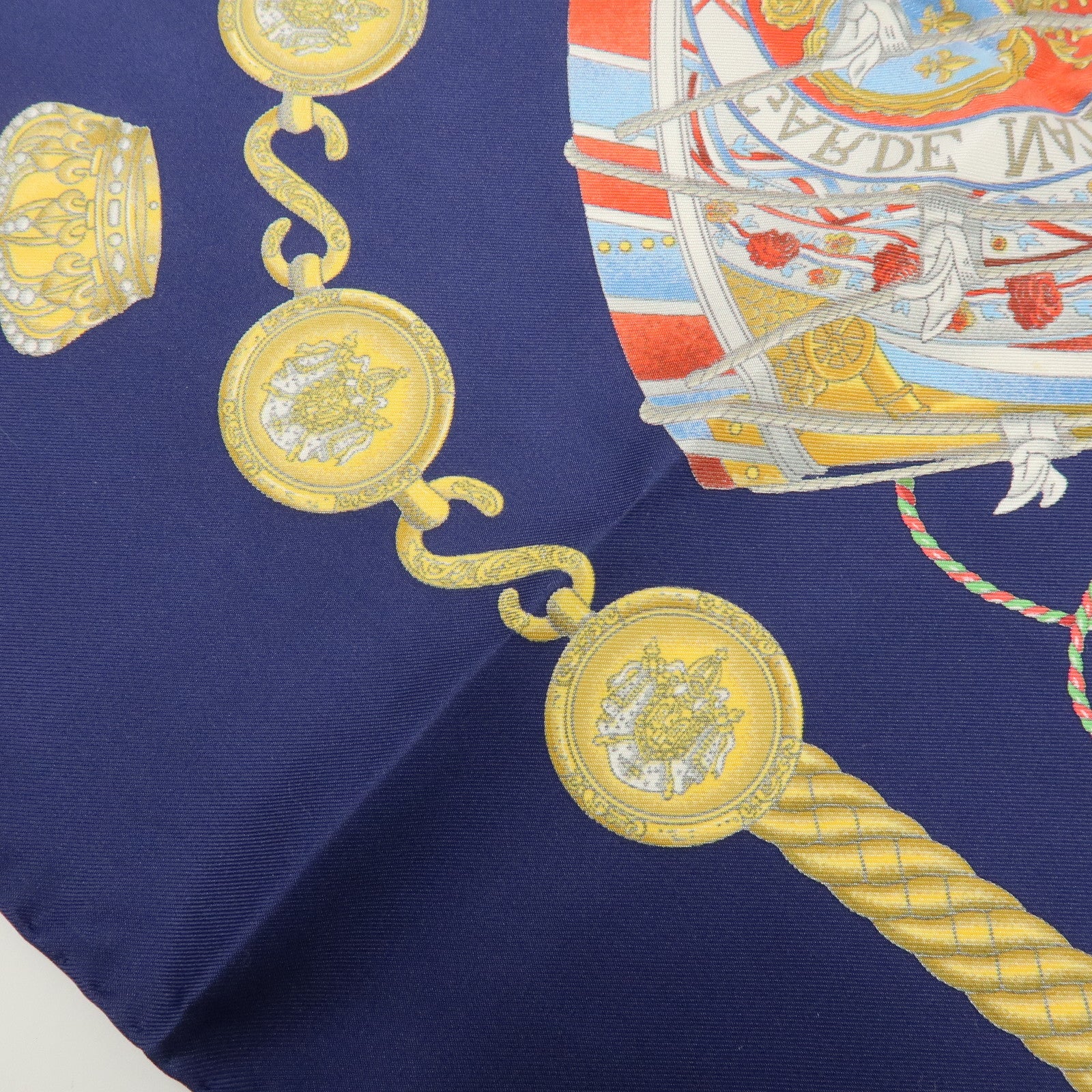 HERMES Carre 90 Silk 100% Scarf LES TAMBOURS Navy Gold