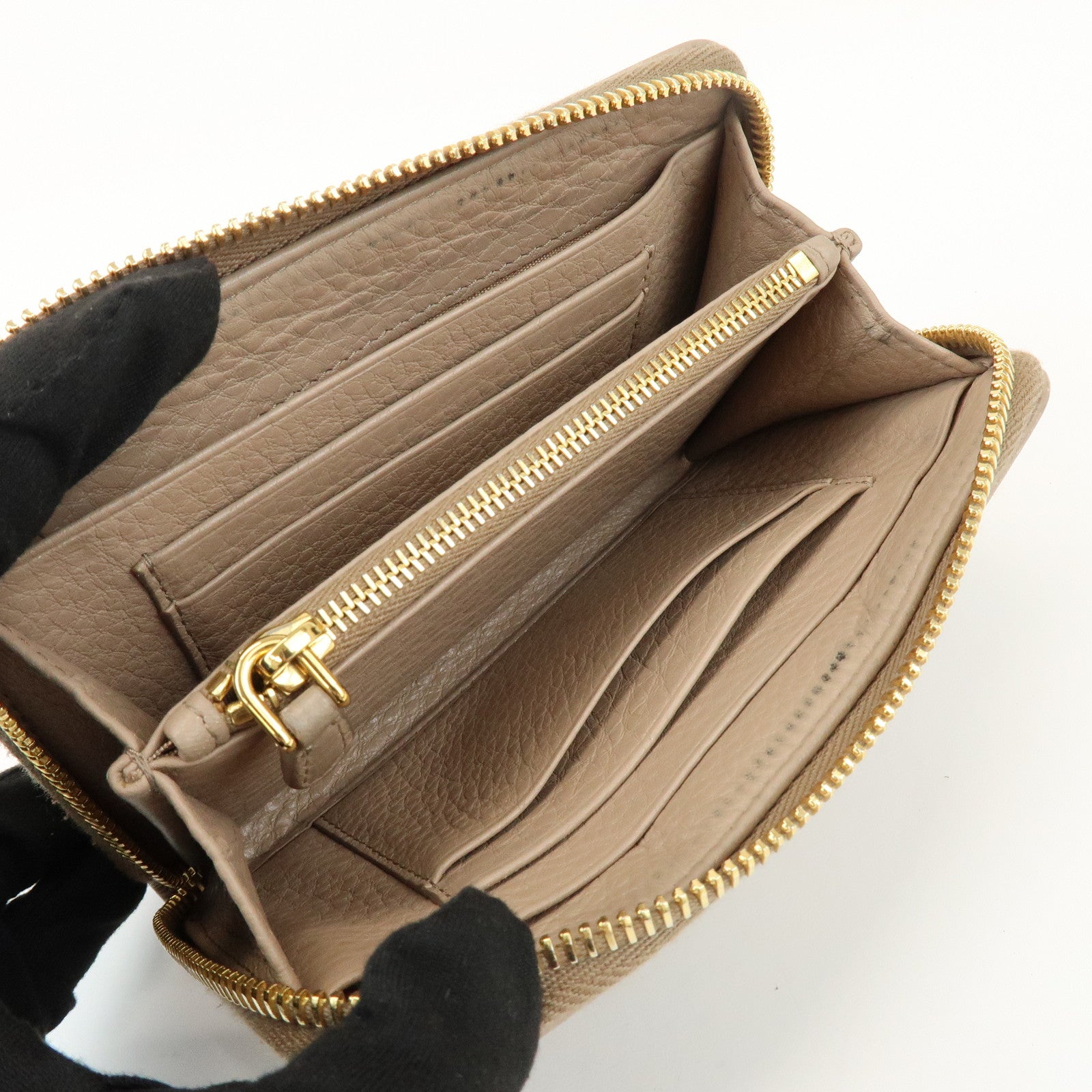 PRADA Calf Leather Compact Round Zippy Wallet Beige Gold