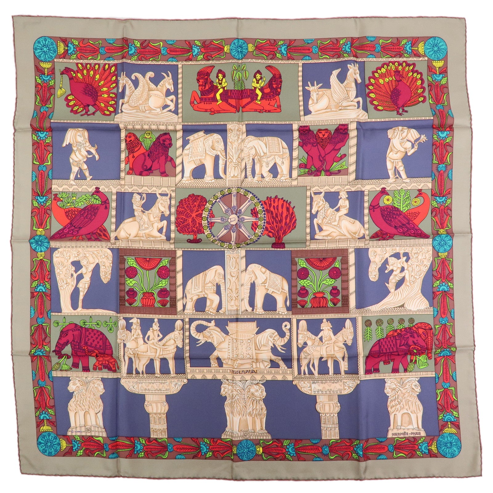 HERMES Carre 90 Silk 100% Scarf TORANA Red Purple Green