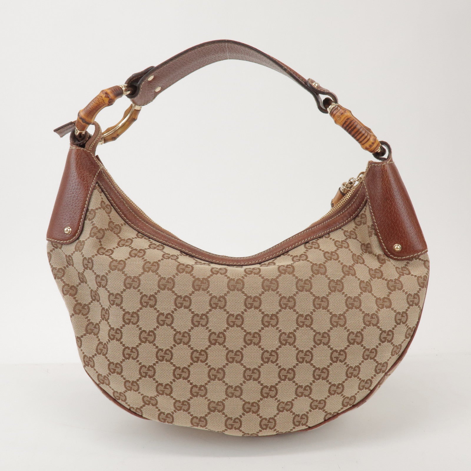 GUCCI Bamboo GG Canvas Leather Shoulder Bag Beige Brown 137577