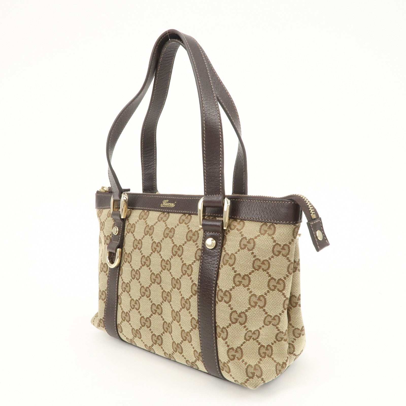 GUCCI Abbey GG Canvas Leather Tote Bag Beige Dark Brown 141471