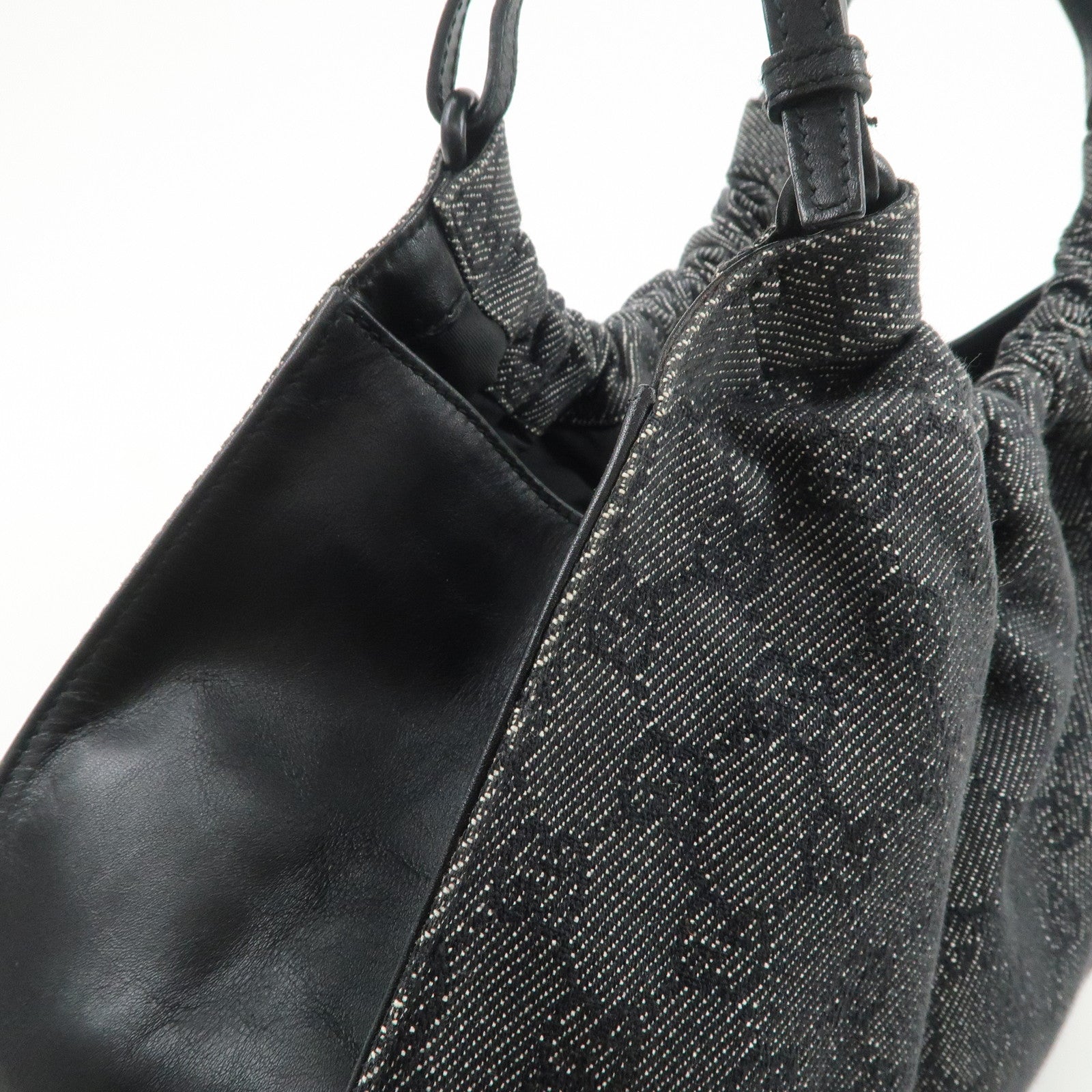 GUCCI GG Monogram Denim Canvas Leather Tote Hand Bag Black 76554