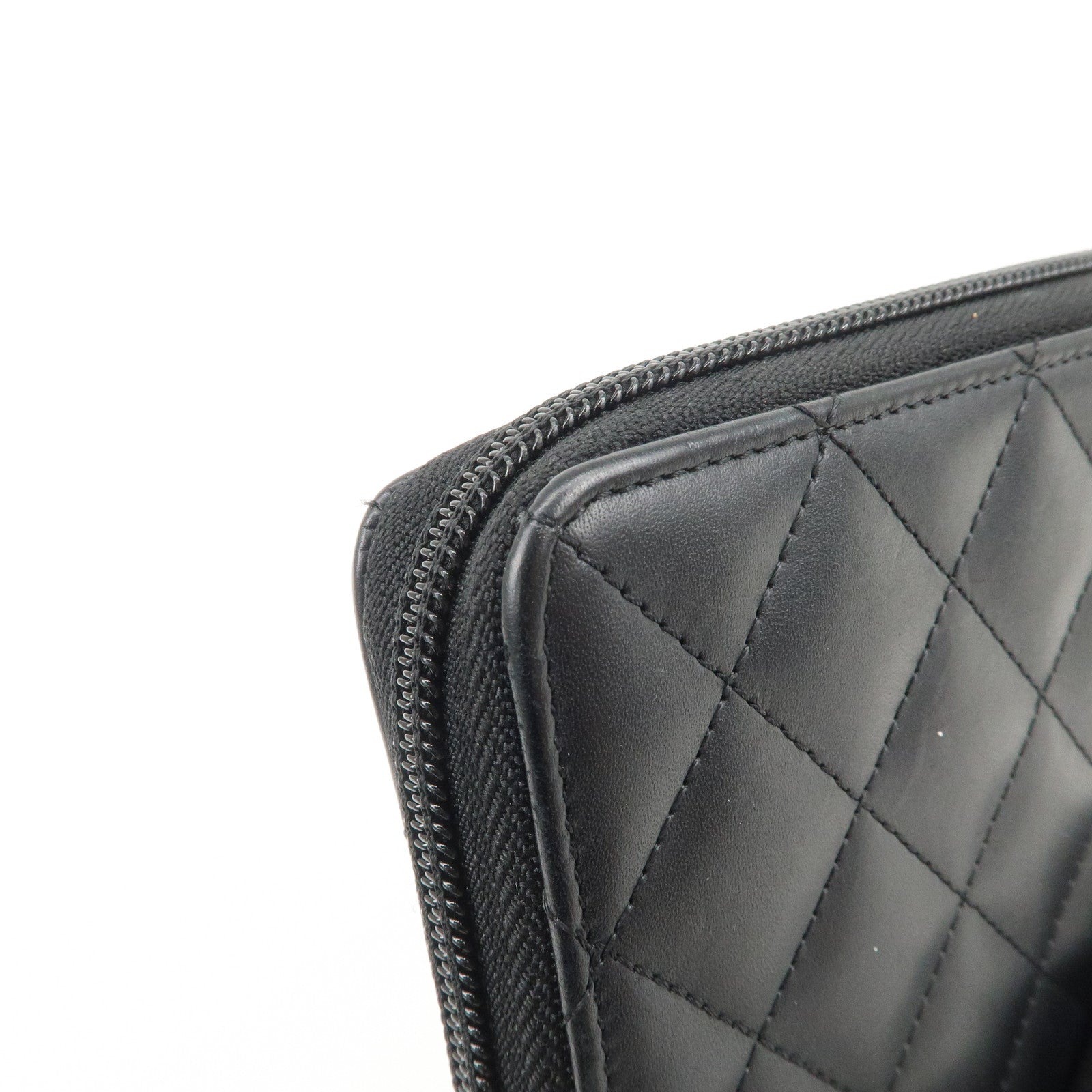 CHANEL Cambon Line Lamb Skin Round Zippy Long Wallet Black A50078 Used