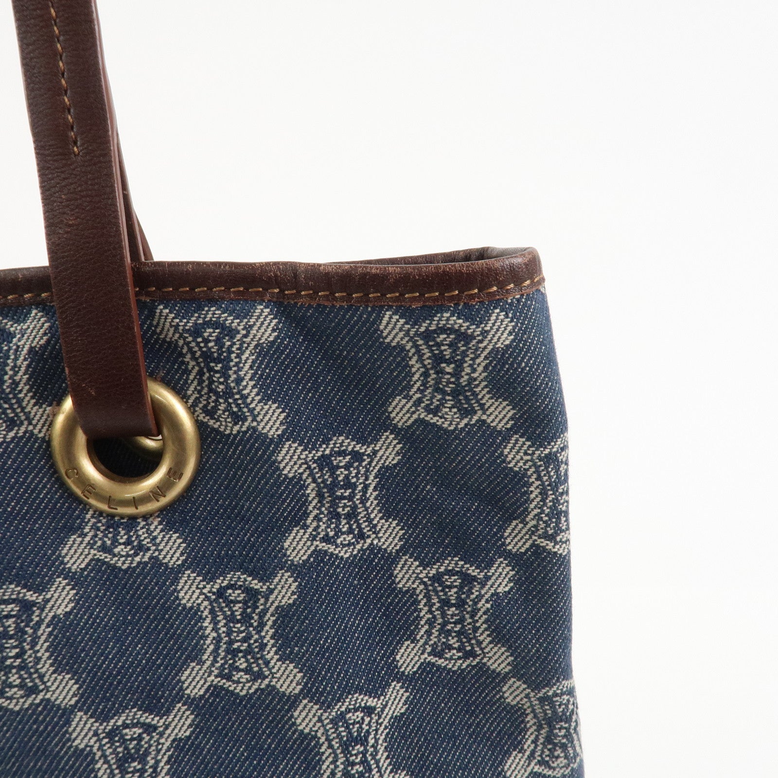 CELINE Macadam Denim Leather Tote Bag Shoulder Bag Blue Brown