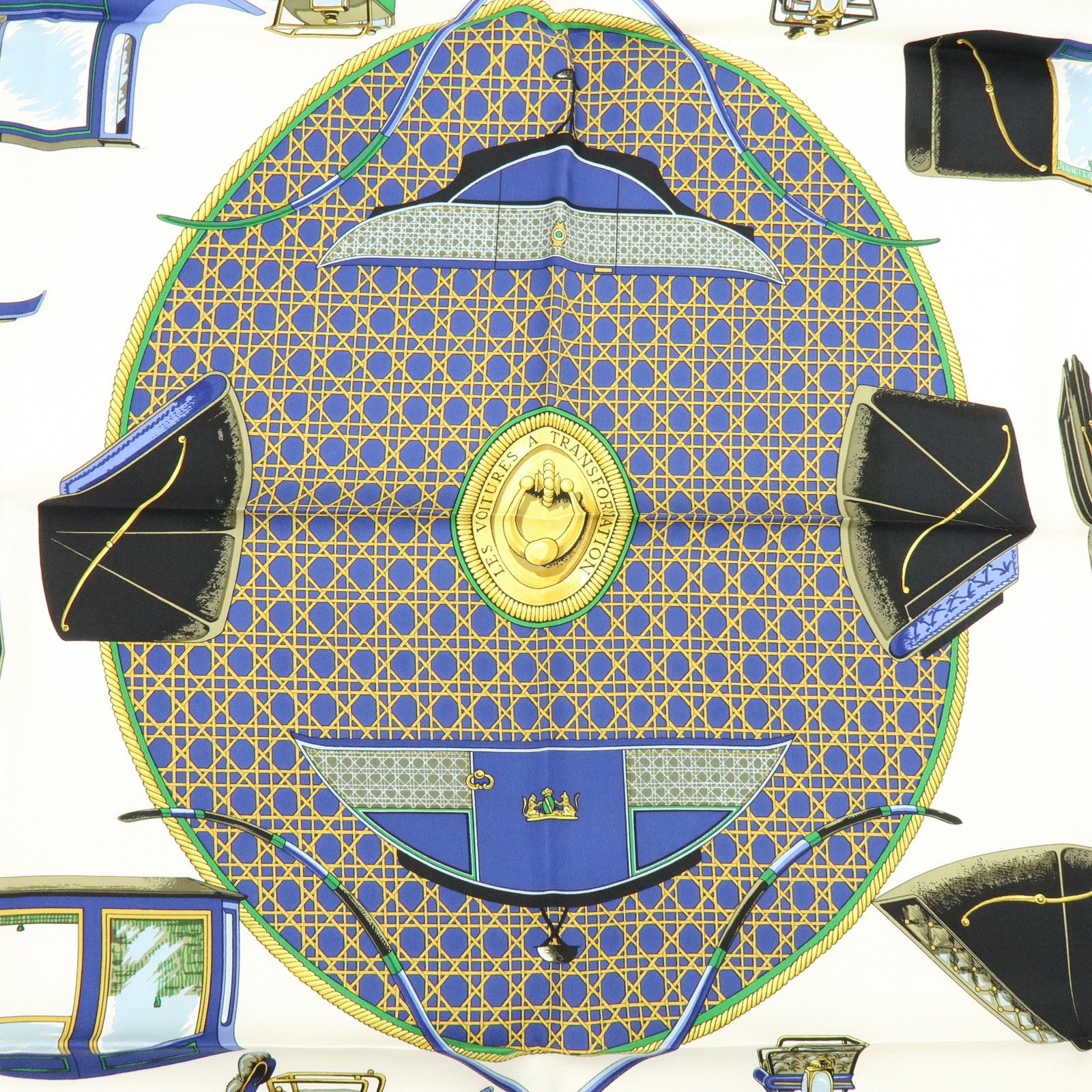 HERMES Carre 90 Silk 100% LES VOITURES A TRANSFORMATION Scarf Blue