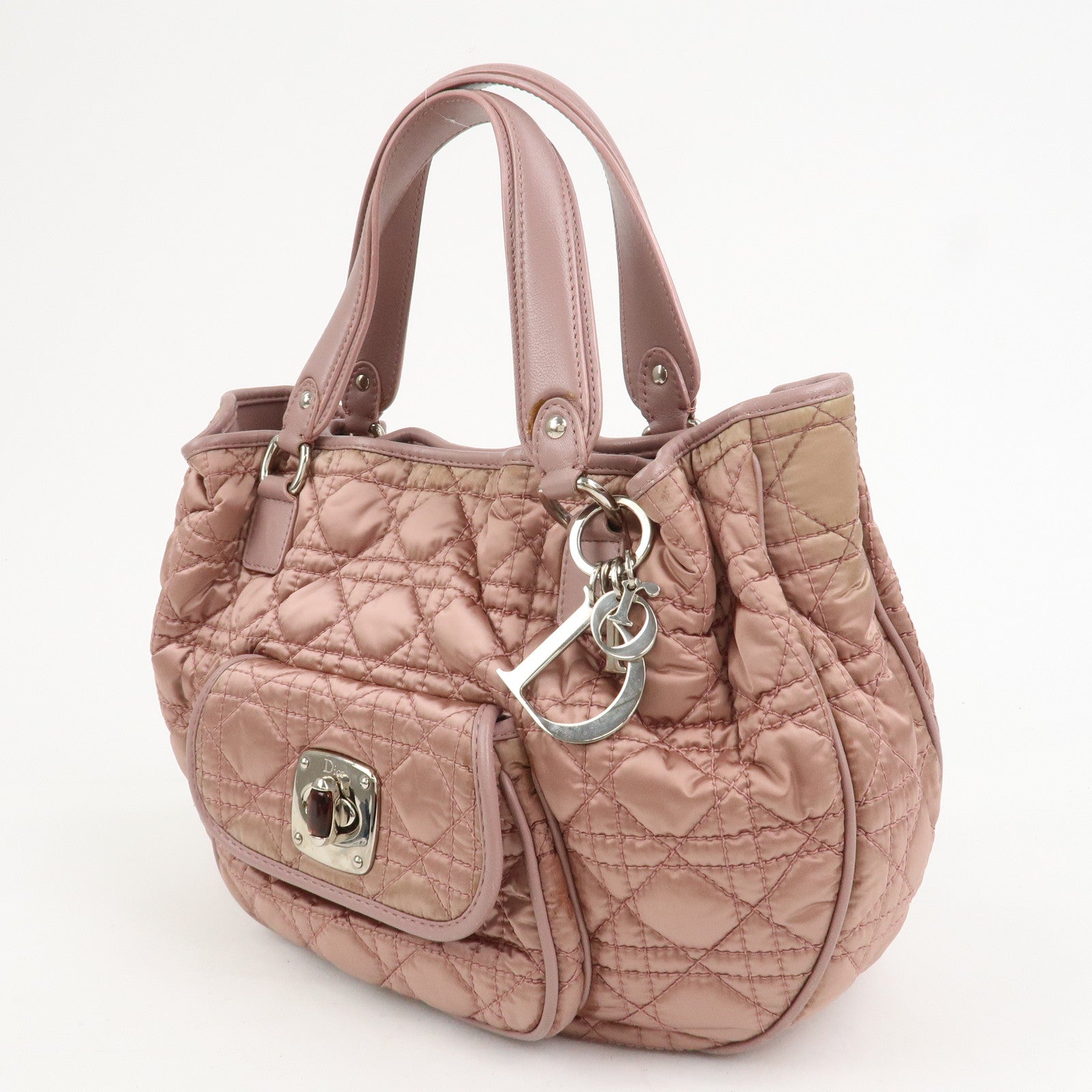 Christian Dior Cannage Nylon Leather Hand Bag Tote Bag Pink