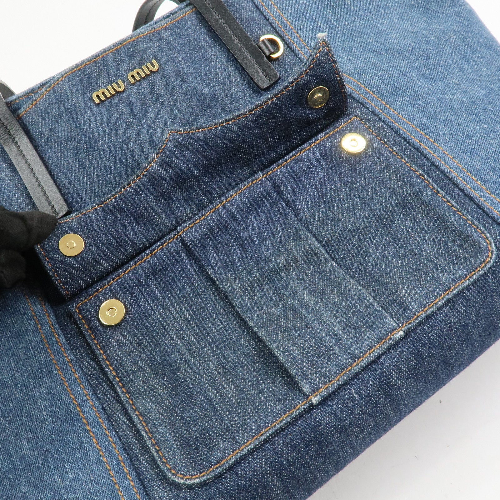 MIU MIU Denim Leather Tote Bag Shoulder Bag Navy 5BG024
