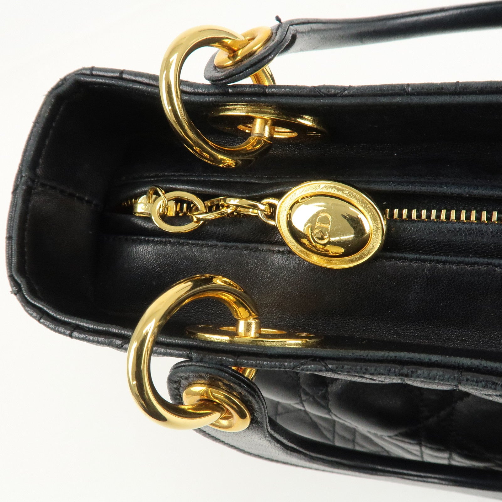Christian Dior Lady Dior Canage Leather Hand Bag Black Used