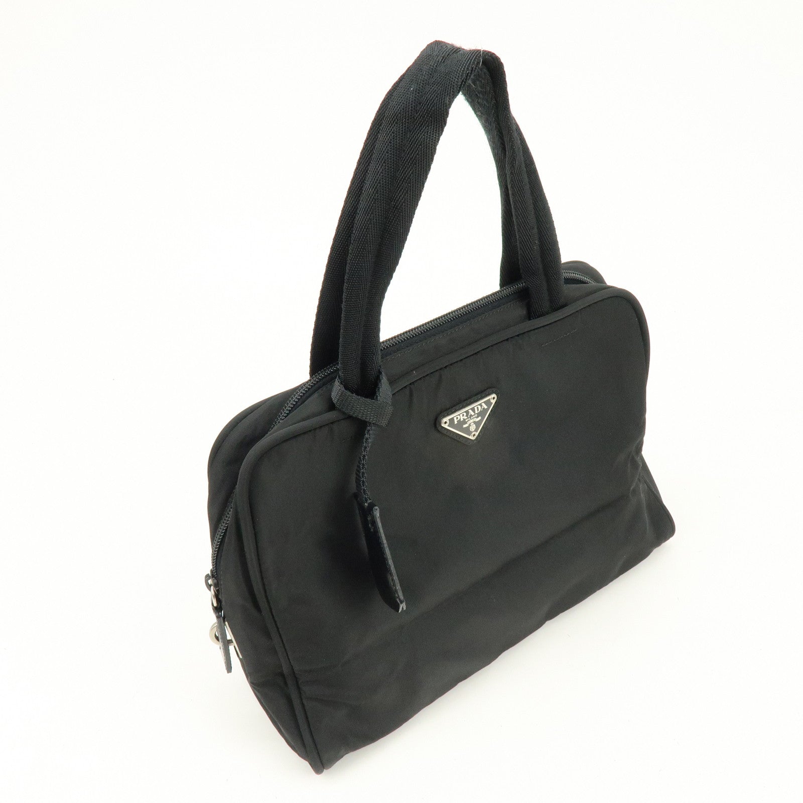 PRADA Triangle Logo Nylon Leather Hand Bag Tote Bag Black B8495